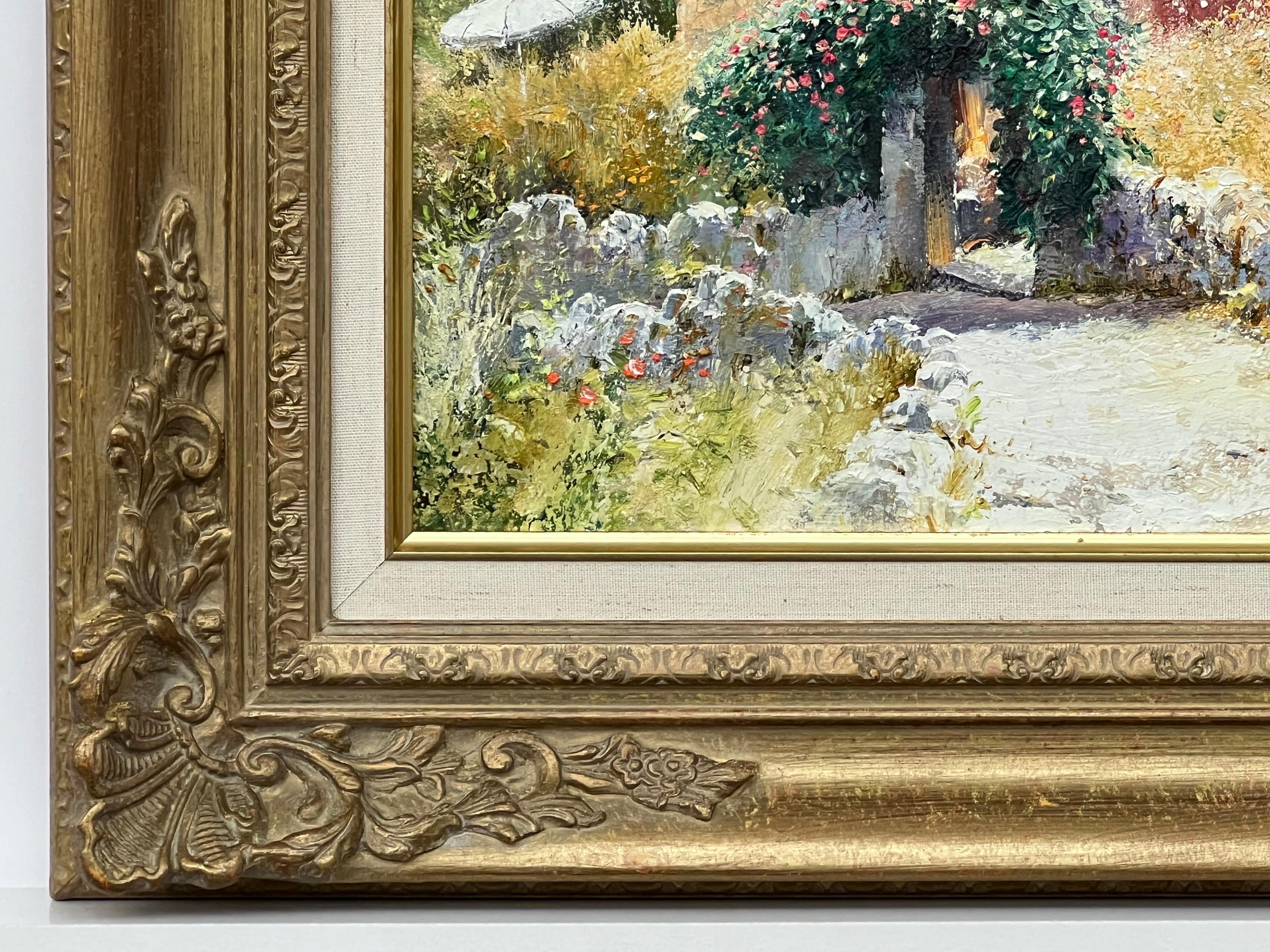 Impressionistisches toskanisches Cottage-Landschaftsgemälde mit Blumen und Bäumen in Italien 1