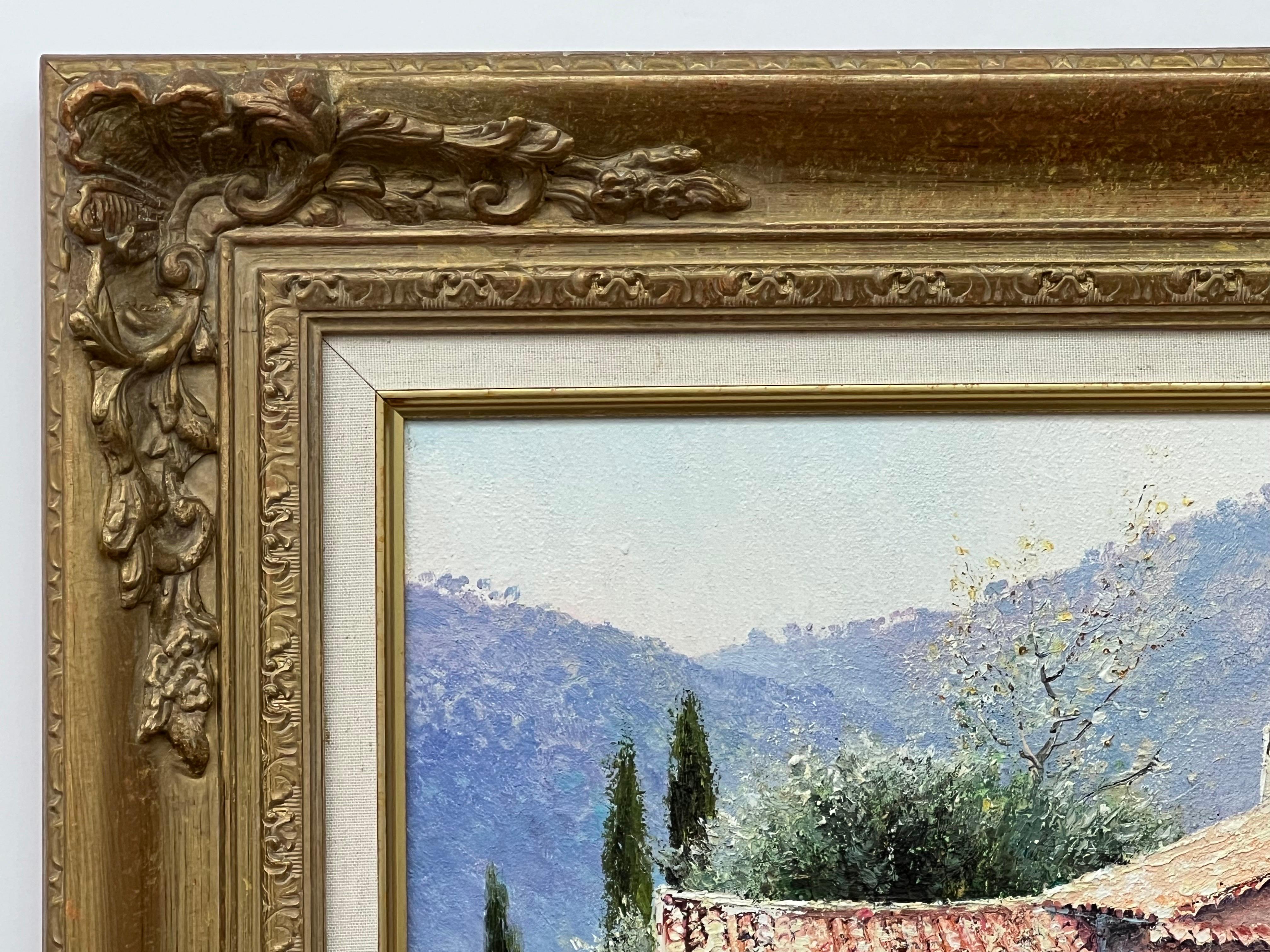 Peinture impressionniste de paysage de cottage toscan avec fleurs et arbres en Italie 1