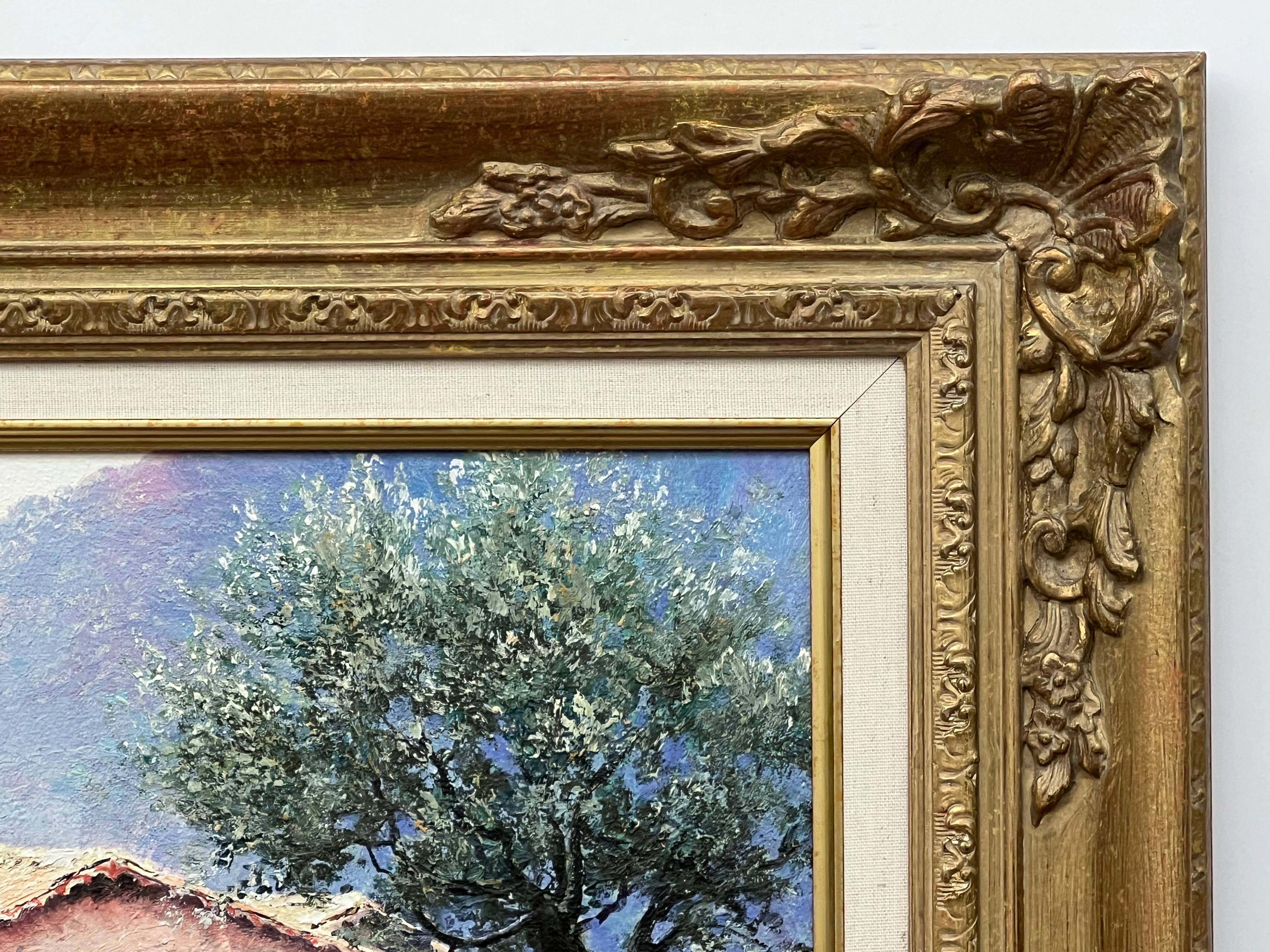 Impressionistisches toskanisches Cottage-Landschaftsgemälde mit Blumen und Bäumen in Italien 3