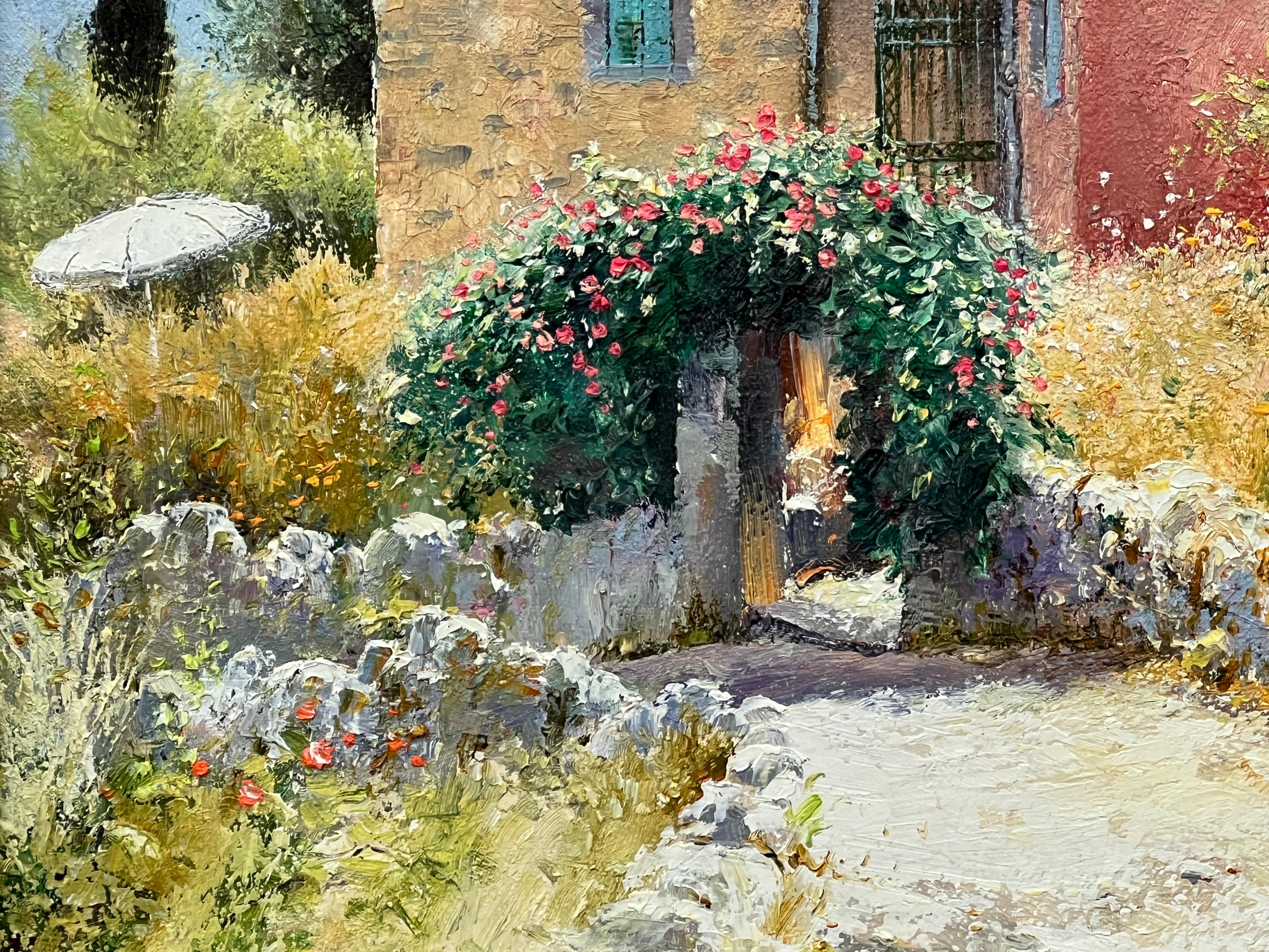 Impressionistisches toskanisches Cottage-Landschaftsgemälde mit Blumen und Bäumen in Italien 4