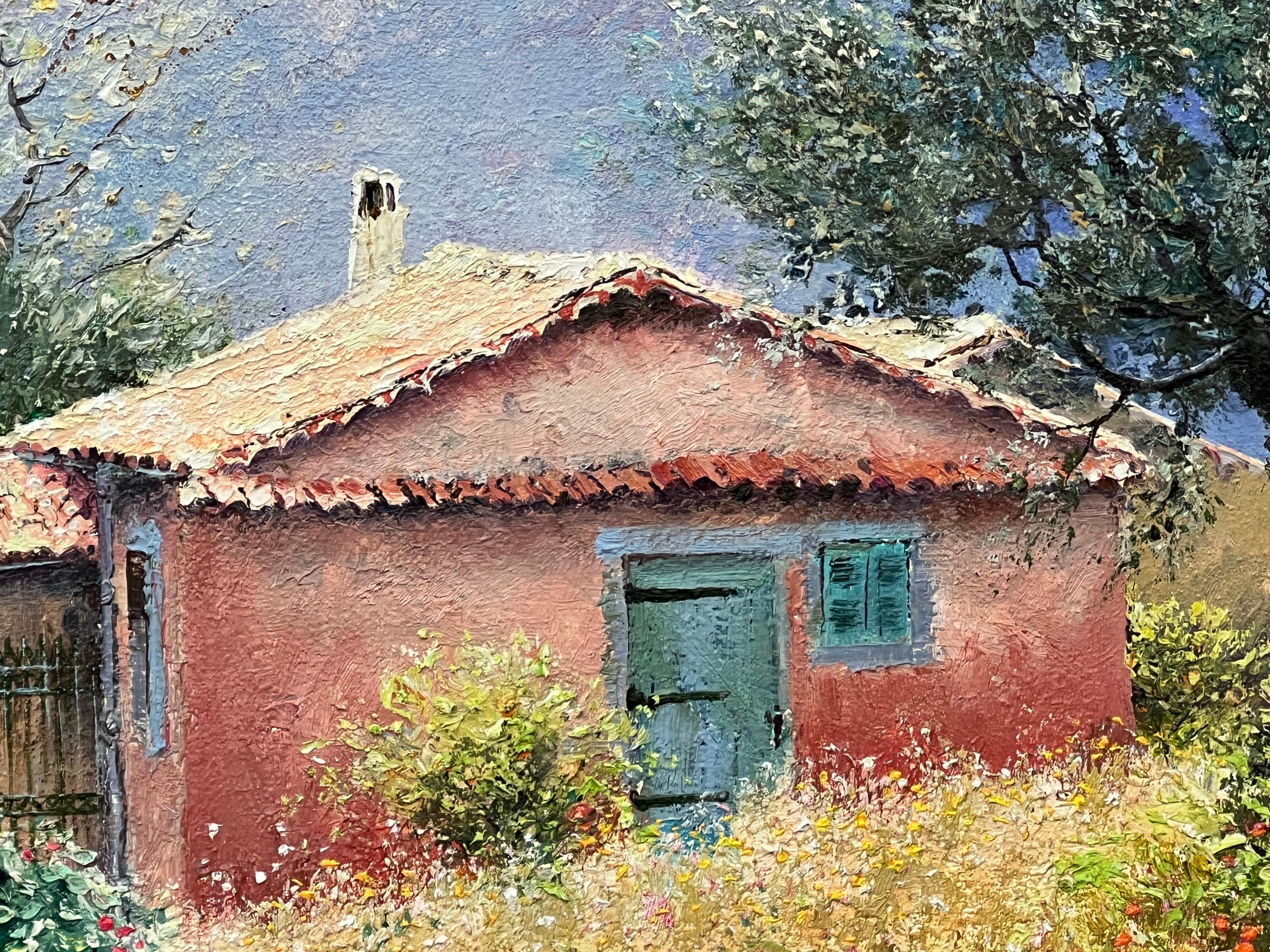 Impressionistisches toskanisches Cottage-Landschaftsgemälde mit Blumen und Bäumen in Italien 5