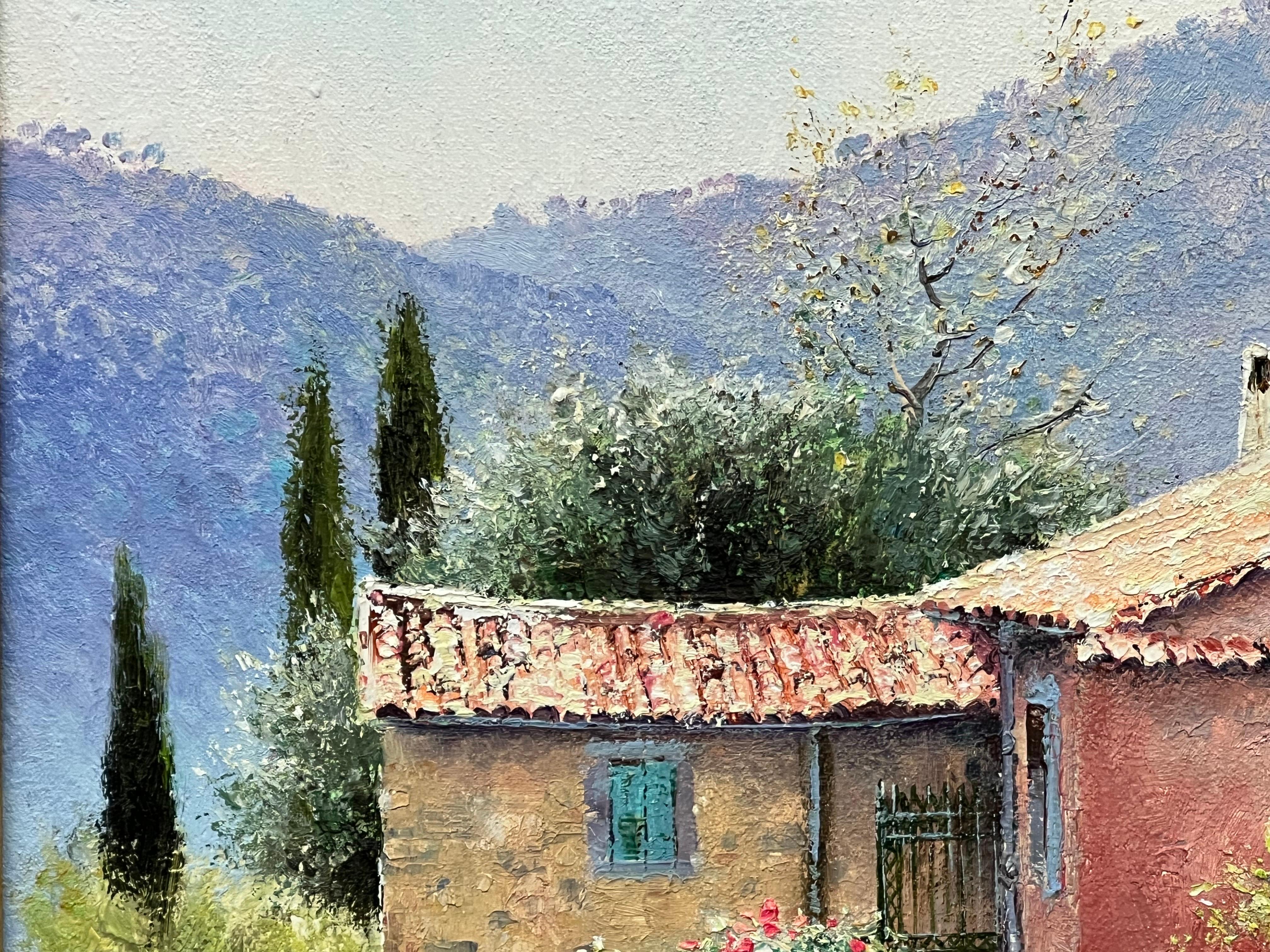 Impressionistisches toskanisches Cottage-Landschaftsgemälde mit Blumen und Bäumen in Italien 6