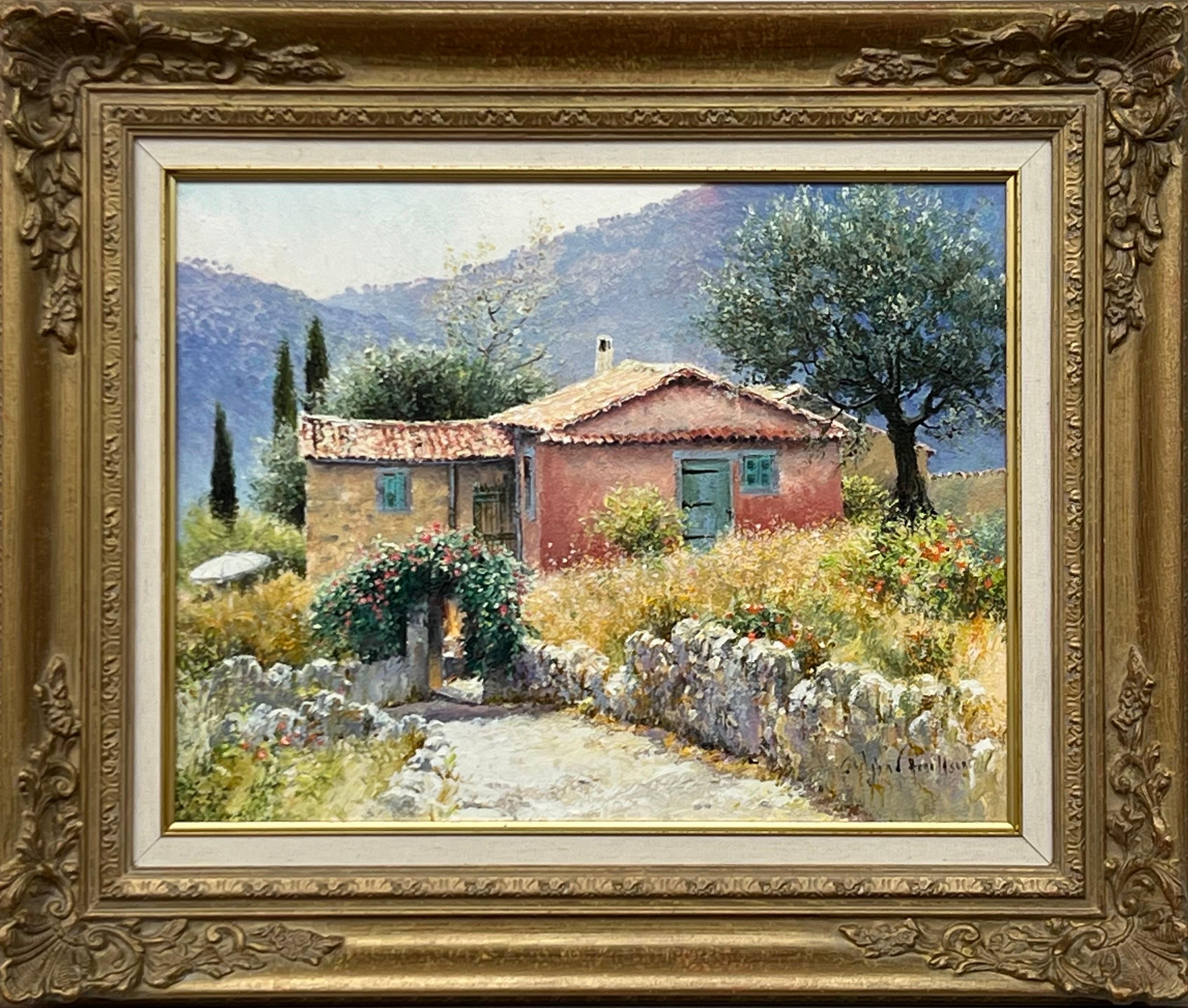 Impressionistisches toskanisches Cottage-Landschaftsgemälde mit Blumen und Bäumen in Italien