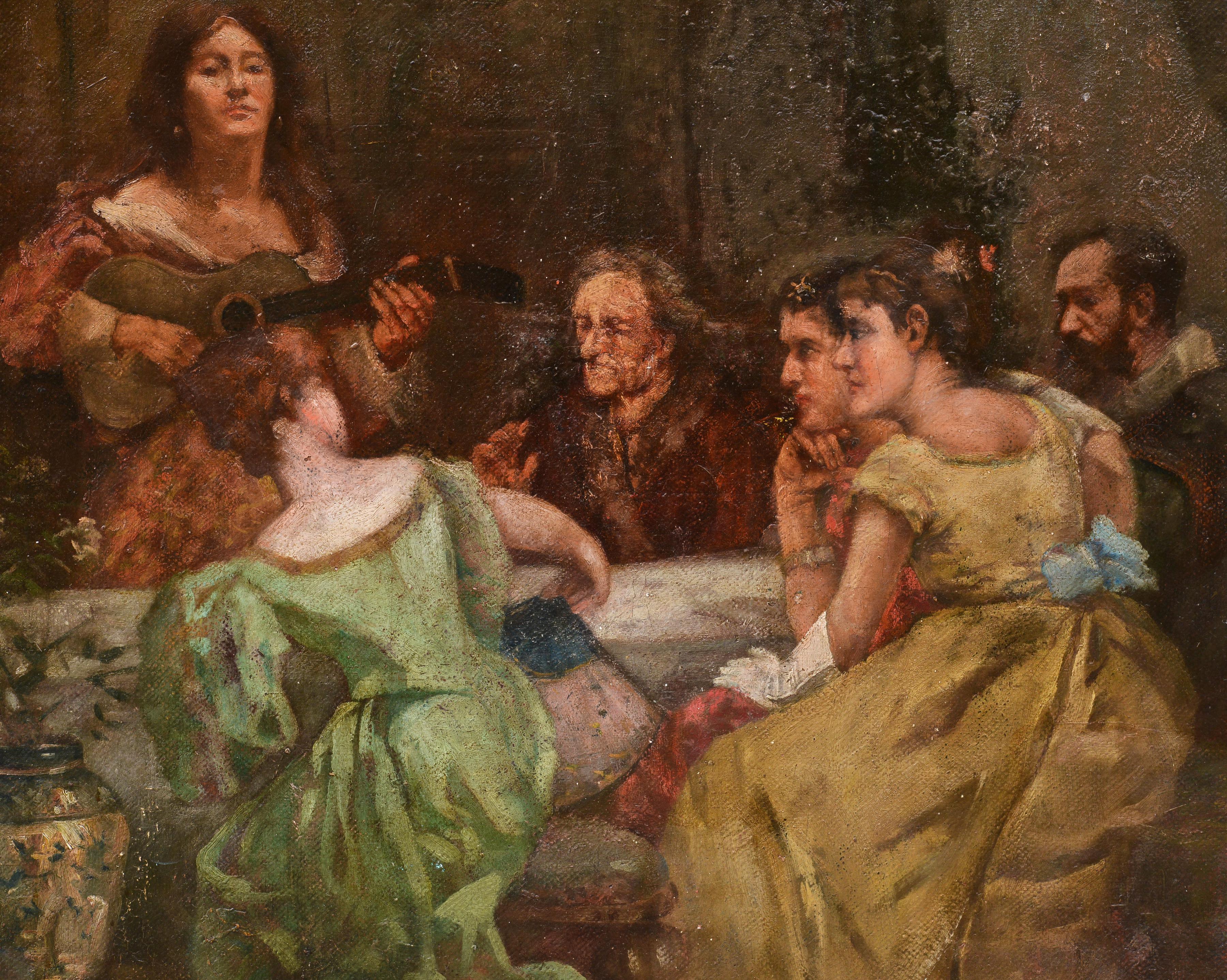 Peinture à l'huile sur toile « Among Friends », scène de genre, 1911, signée - Painting de Unknown