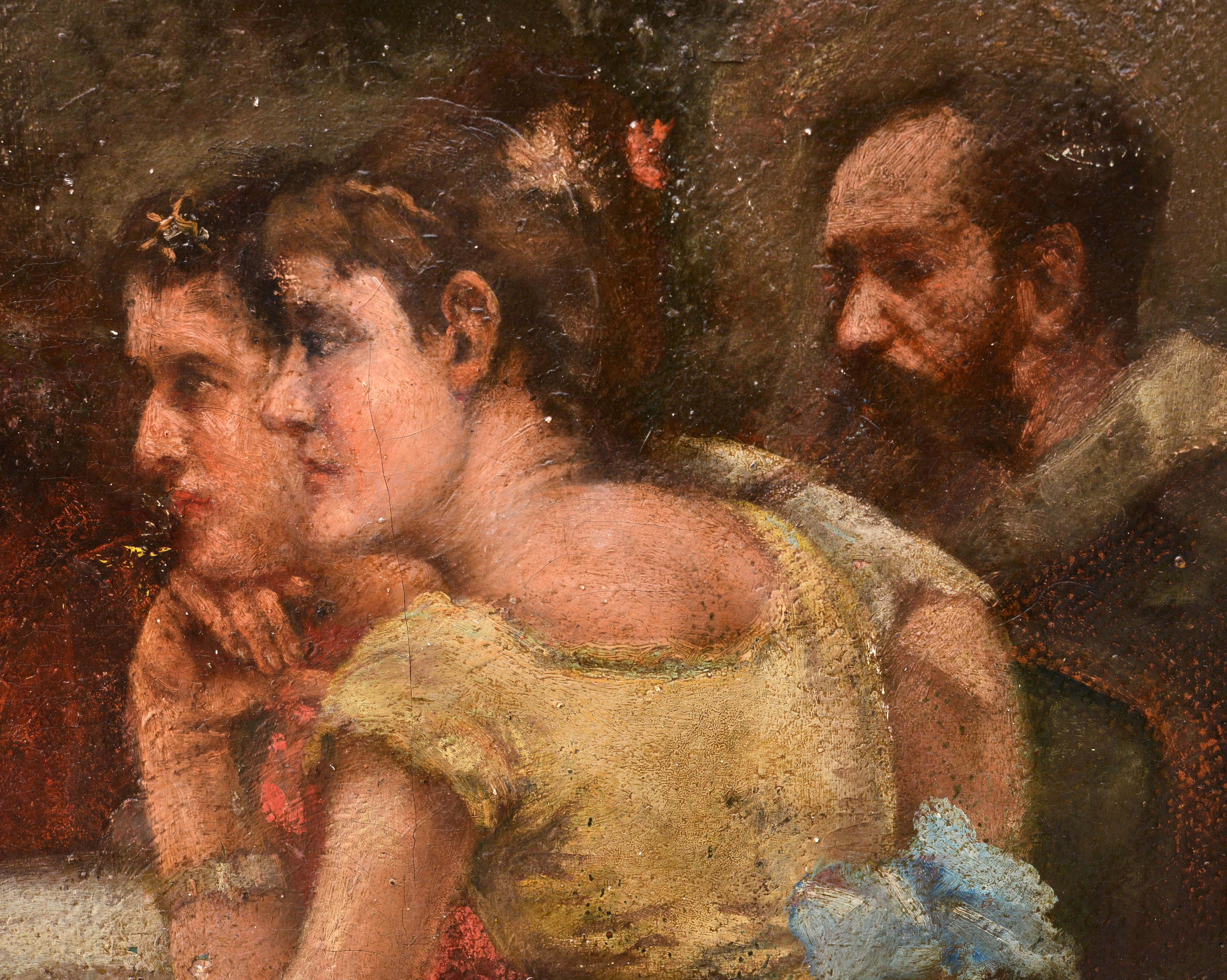 Peinture à l'huile sur toile « Among Friends », scène de genre, 1911, signée - Marron Interior Painting par Unknown