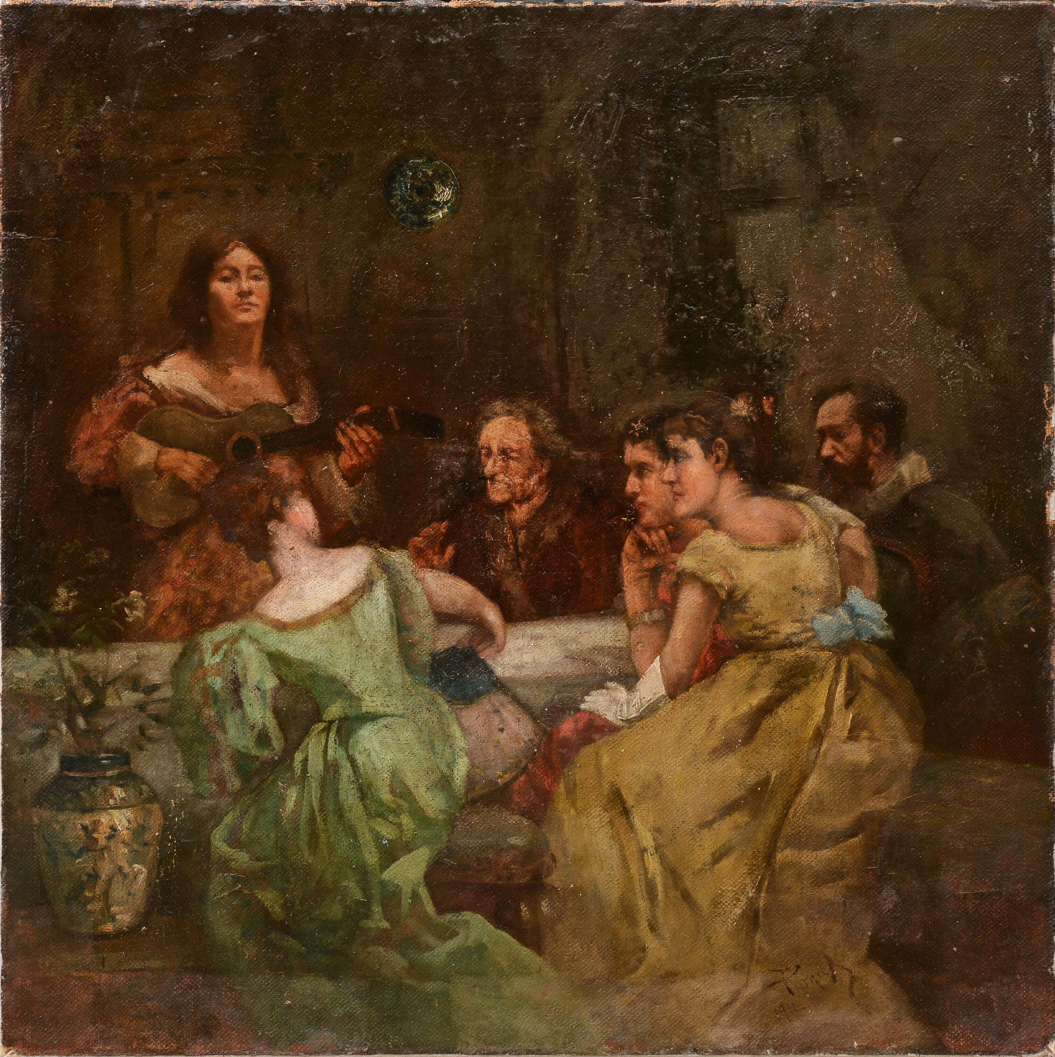 Unknown Interior Painting - Genre Scene Music Party Among Friends 1911 Oil Painting on Canvas Signed