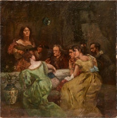 Peinture à l'huile sur toile « Among Friends », scène de genre, 1911, signée