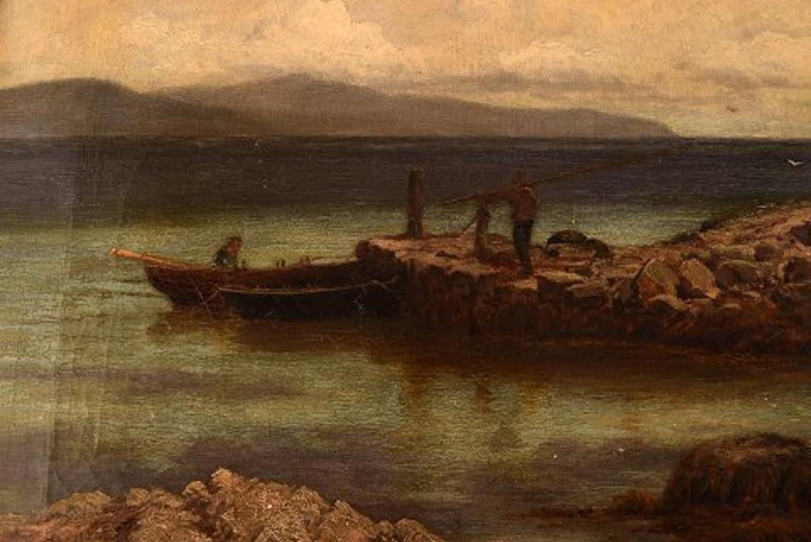John Douglas Scott, Listed British Painter, Oil on Canvas, The Ferry Rower, 1877 In Good Condition In Copenhagen, DK