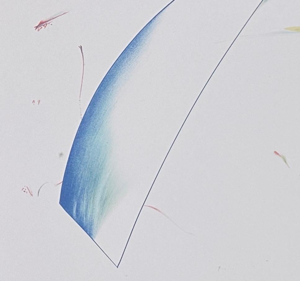 Dies ist eine abstrakte, minimalistische Komposition mit winzigen, sehr detaillierten farbigen Markierungen, die von Musik, Tanz und Raum inspiriert sind. Es handelt sich um eine Lithografie in limitierter Auflage, signiert, datiert, mit 