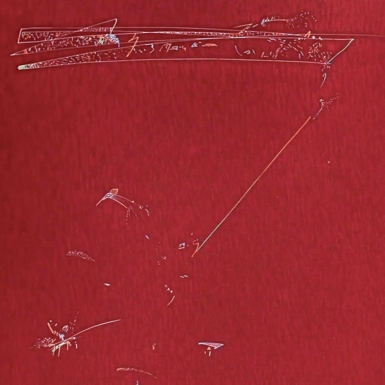 Song de Philadelphie : eau-forte abstraite et minimale rouge colorée à la main  La musique et la danse - Print de John Dowell