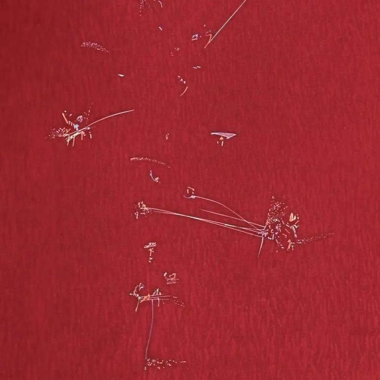 Song de Philadelphie : eau-forte abstraite et minimale rouge colorée à la main  La musique et la danse - Abstrait Print par John Dowell