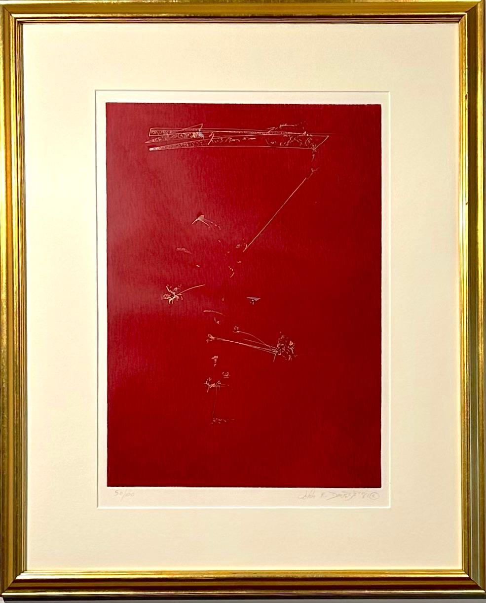 Minimal composition in red with hand-colored abstract markings connoting music and dance. One of 4 prints from the Philadelphia Portfolio prepared by the Print Center in partnership with the City of Philadelphia, 1981. #50/100. Signed, dated, and