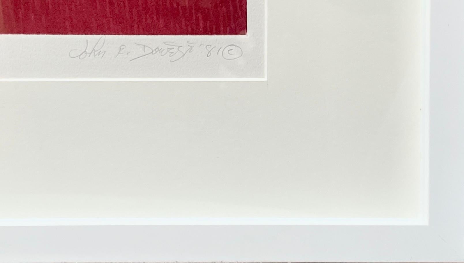 Song de Philadelphie : eau-forte abstraite et minimale rouge colorée à la main  La musique et la danse - Rouge Figurative Print par John Dowell