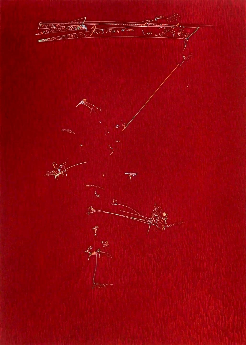 John Dowell Abstract Print - Philadelphia Song: abstract minimal red hand-colored etching  with music, dance