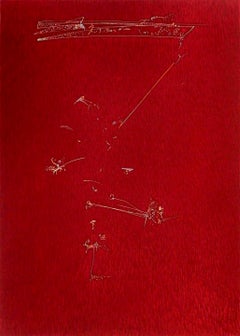 Philadelphia Song: abstract minimal red hand-colored etching  with music, dance