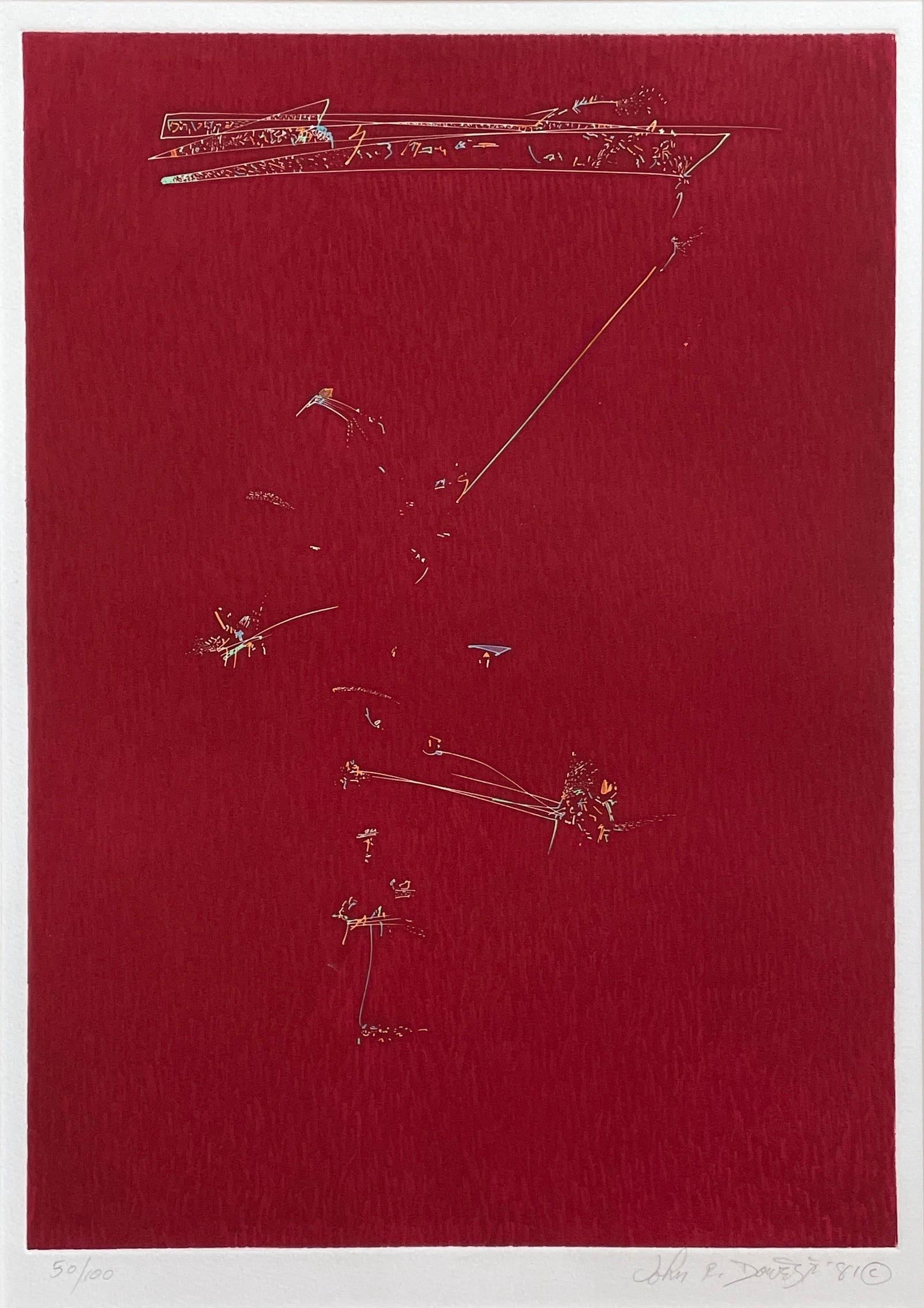 John Dowell Abstract Print - Philadelphia Song: abstract minimal red hand-colored etching  with music, dance