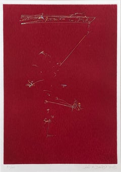 Philadelphia Song: abstract minimal red hand-colored etching  with music, dance