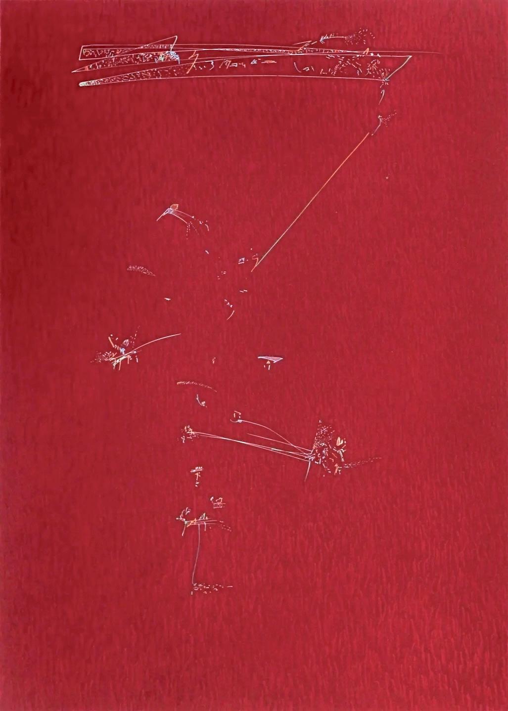 Figurative Print John Dowell - Song de Philadelphie : eau-forte abstraite et minimale rouge colorée à la main  La musique et la danse