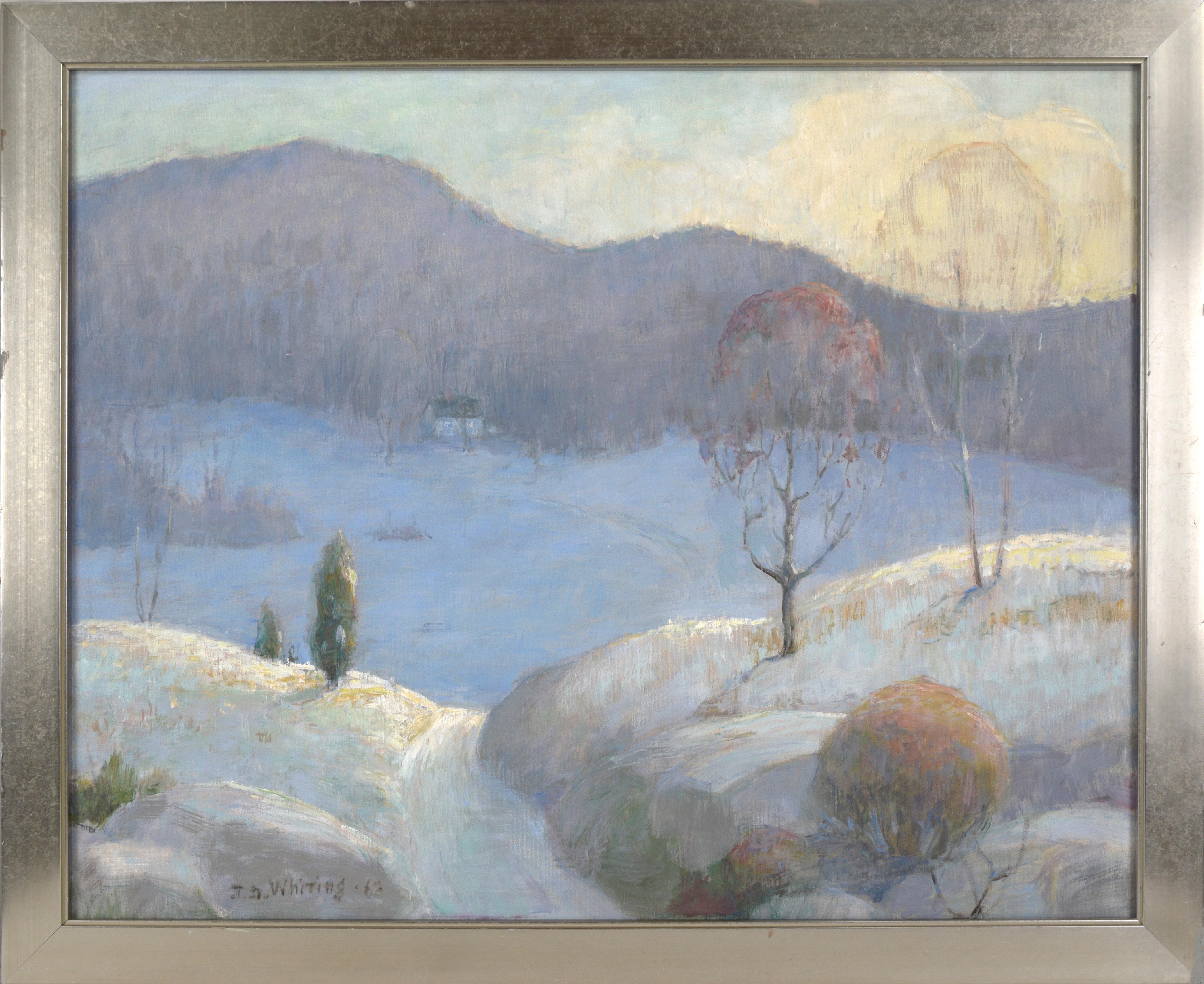 Paysage bleu d'hiver - Peinture à l'huile originale signée