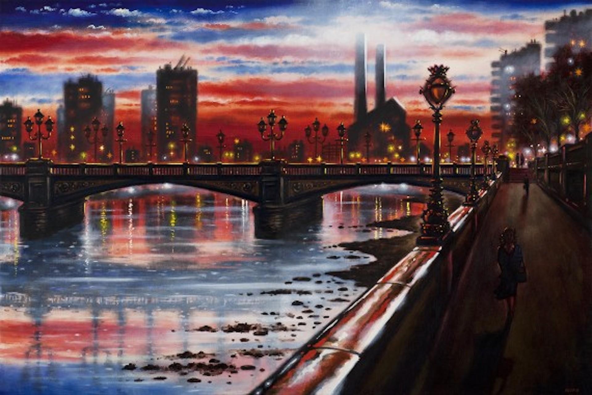 Battersea Bridge [2014]
Original
Oil paint on canvas
Canvas Size: H:51 cm x W:76 cm x D:4cm
Sold Unframed
Please note that insitu images are purely an indication of how a piece may look

Battersea Bridge at Dusk viewed whilst the Thames is at low