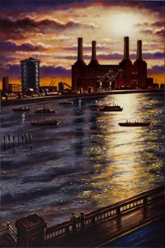 John Duffin, Battersea depuis le pont de Vauxhall, peinture de paysage urbain de Londres