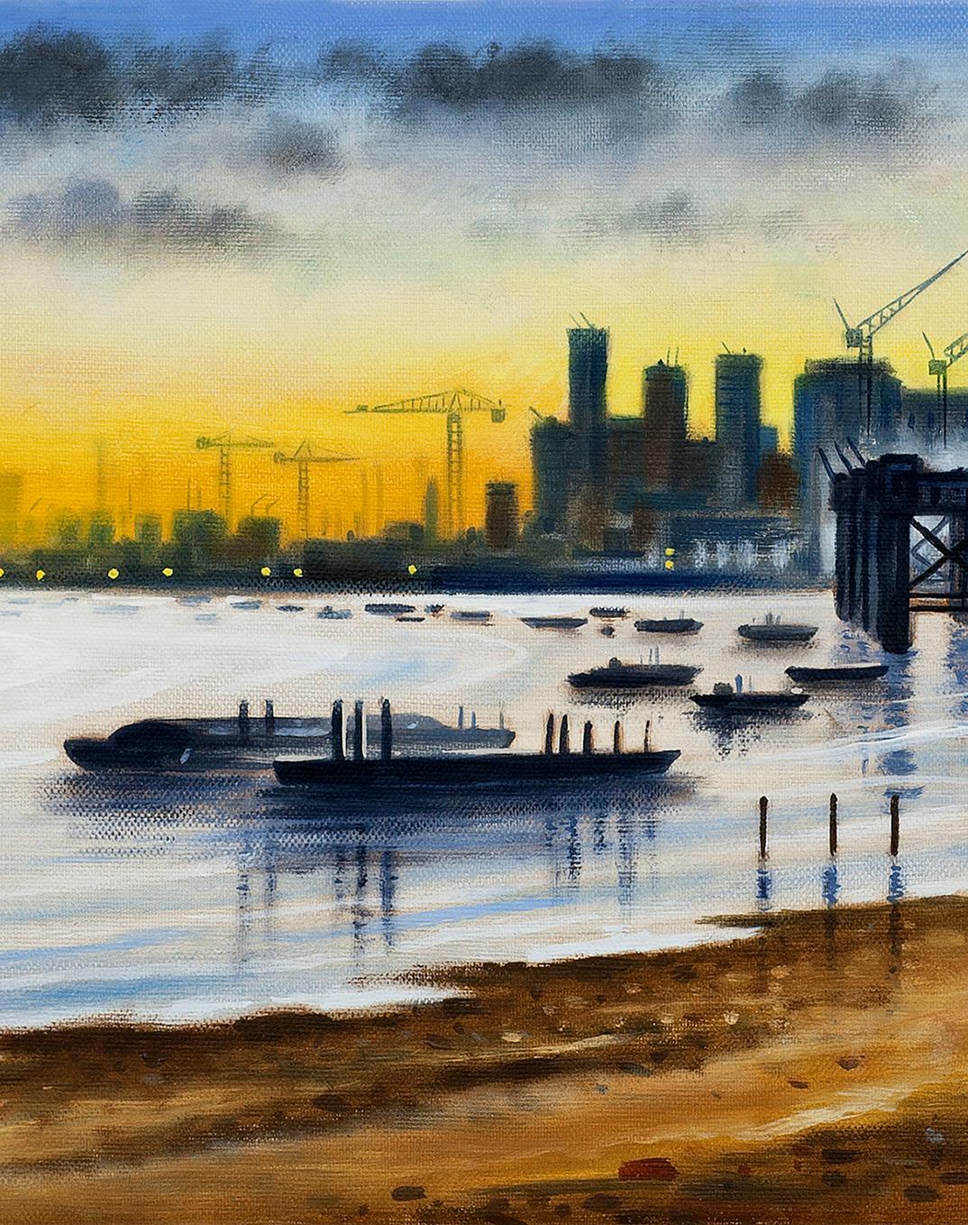 Panorama de Londres - Greenwich Shoreline, paysage urbain, art urbain, art de la Tamise - Réalisme Painting par John Duffin