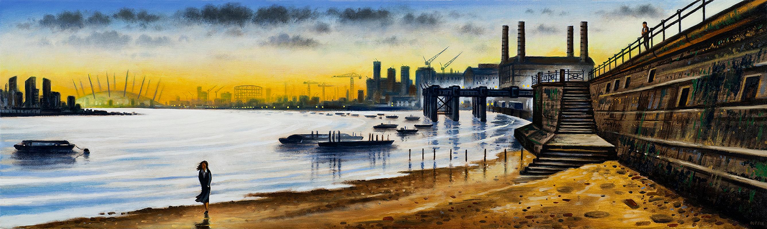 John Duffin Landscape Painting – Londoner Panorama - Greenwich Shoreline, Stadtlandschaft, Stadtbild, Kunst an der Themse 