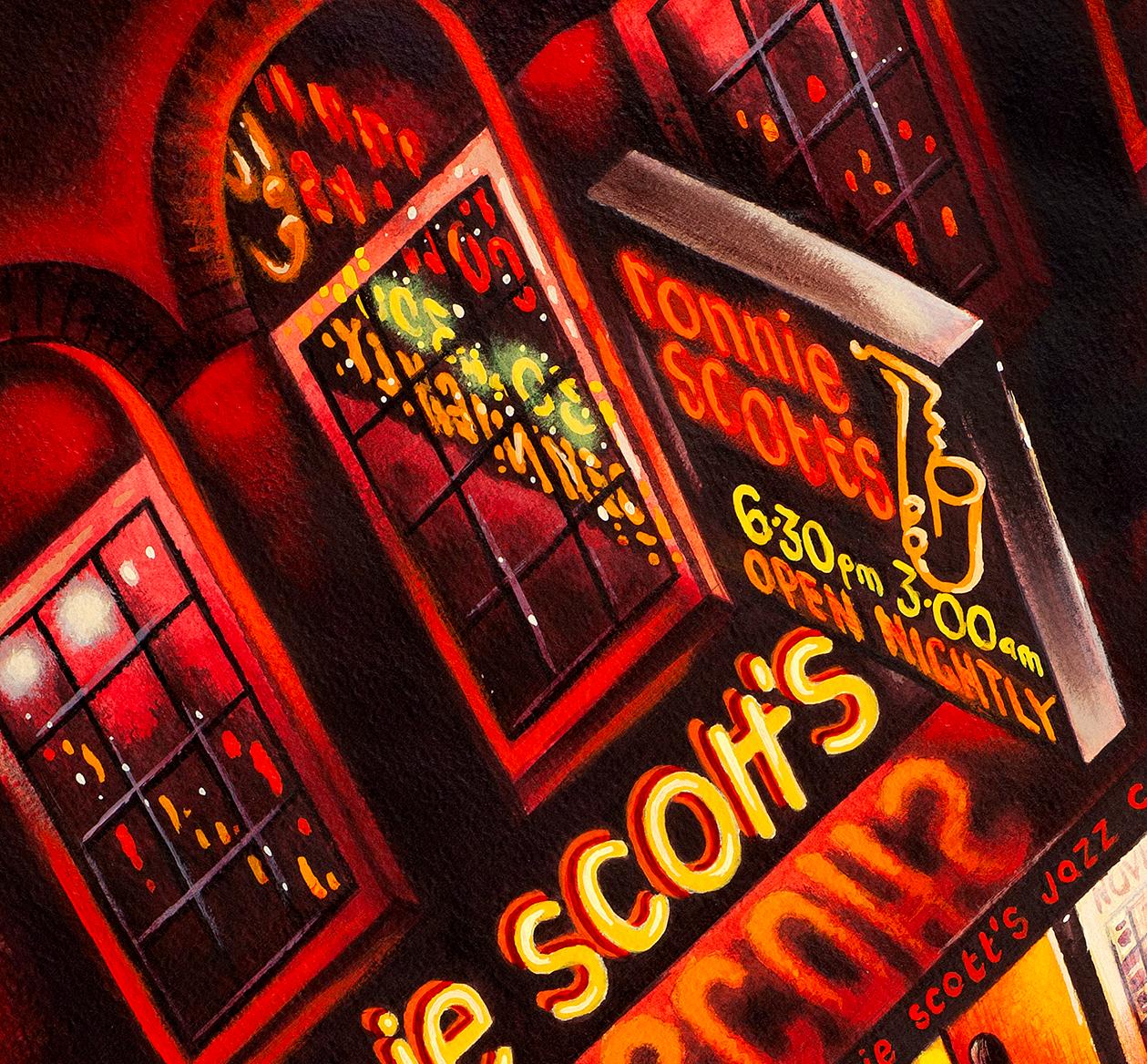 Ronnie Scott's, arte in edizione limitata, natura morta, paesaggio urbano, Londra - Painting di John Duffin