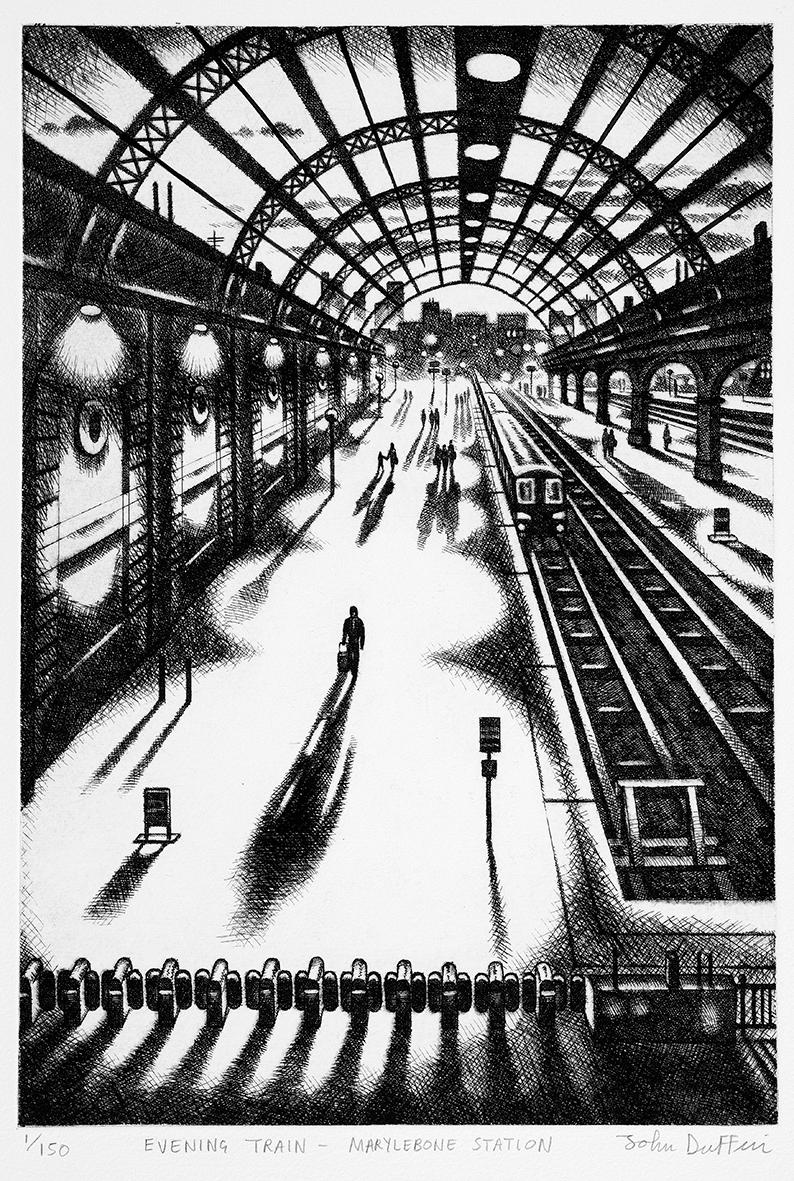 Evening Train – Marylebone Station and Coastal Trains Diptych, London Art - Gray Landscape Print by John Duffin