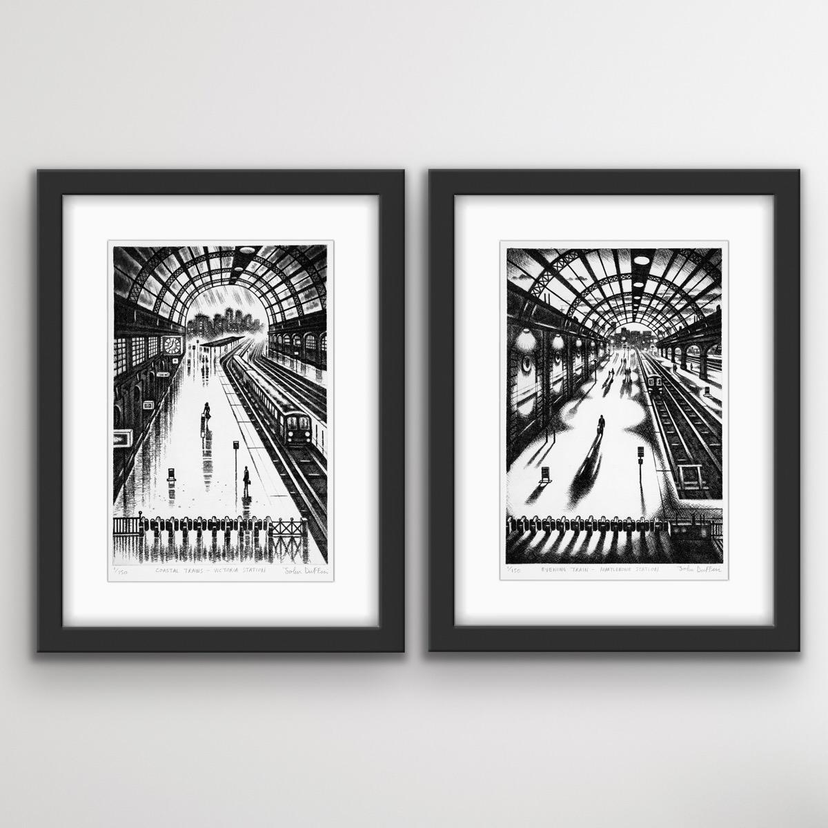 John Duffin Landscape Print - Evening Train – Marylebone Station and Coastal Trains Diptych, London Art