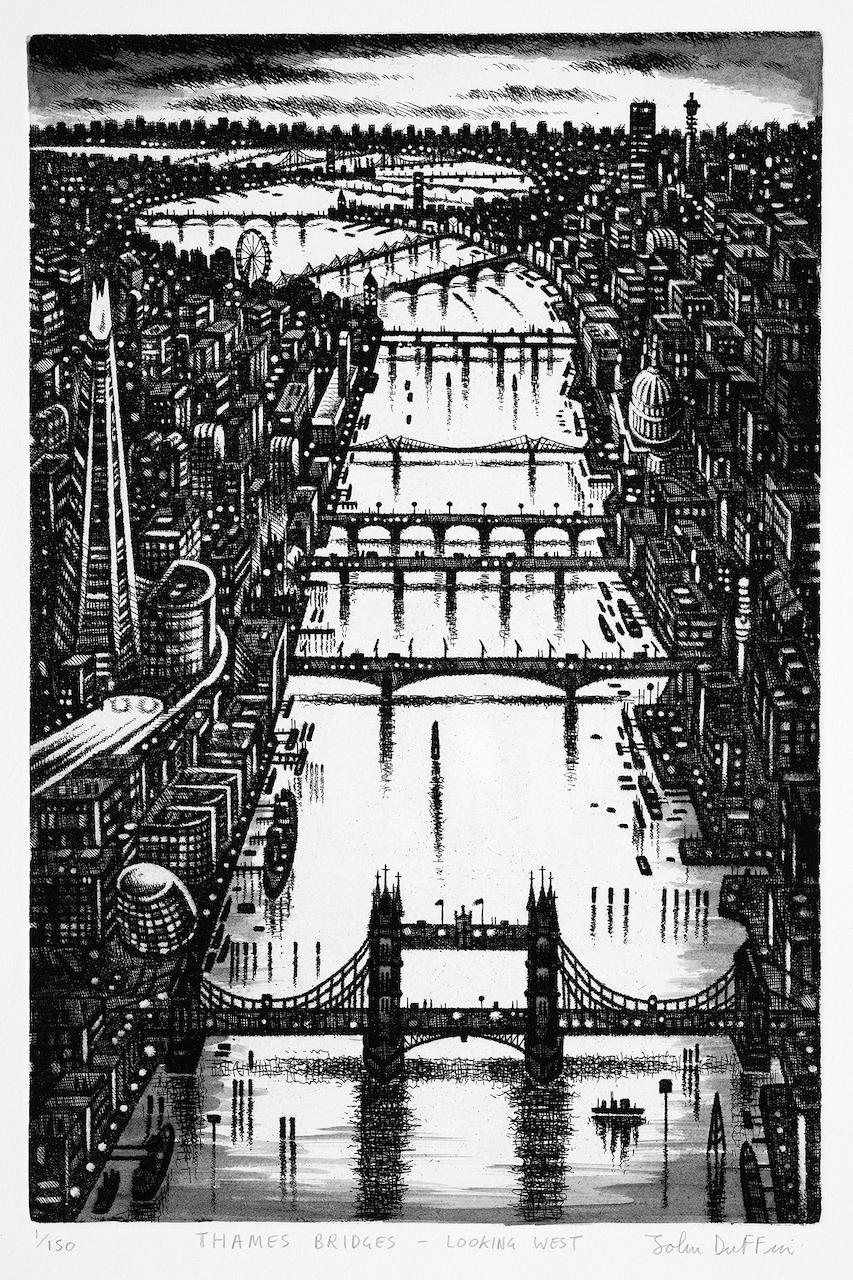 John Duffin, Themse Bridge – Blick in den Westen, Londoner Kunst, Cityscape Art, Flusskunst
