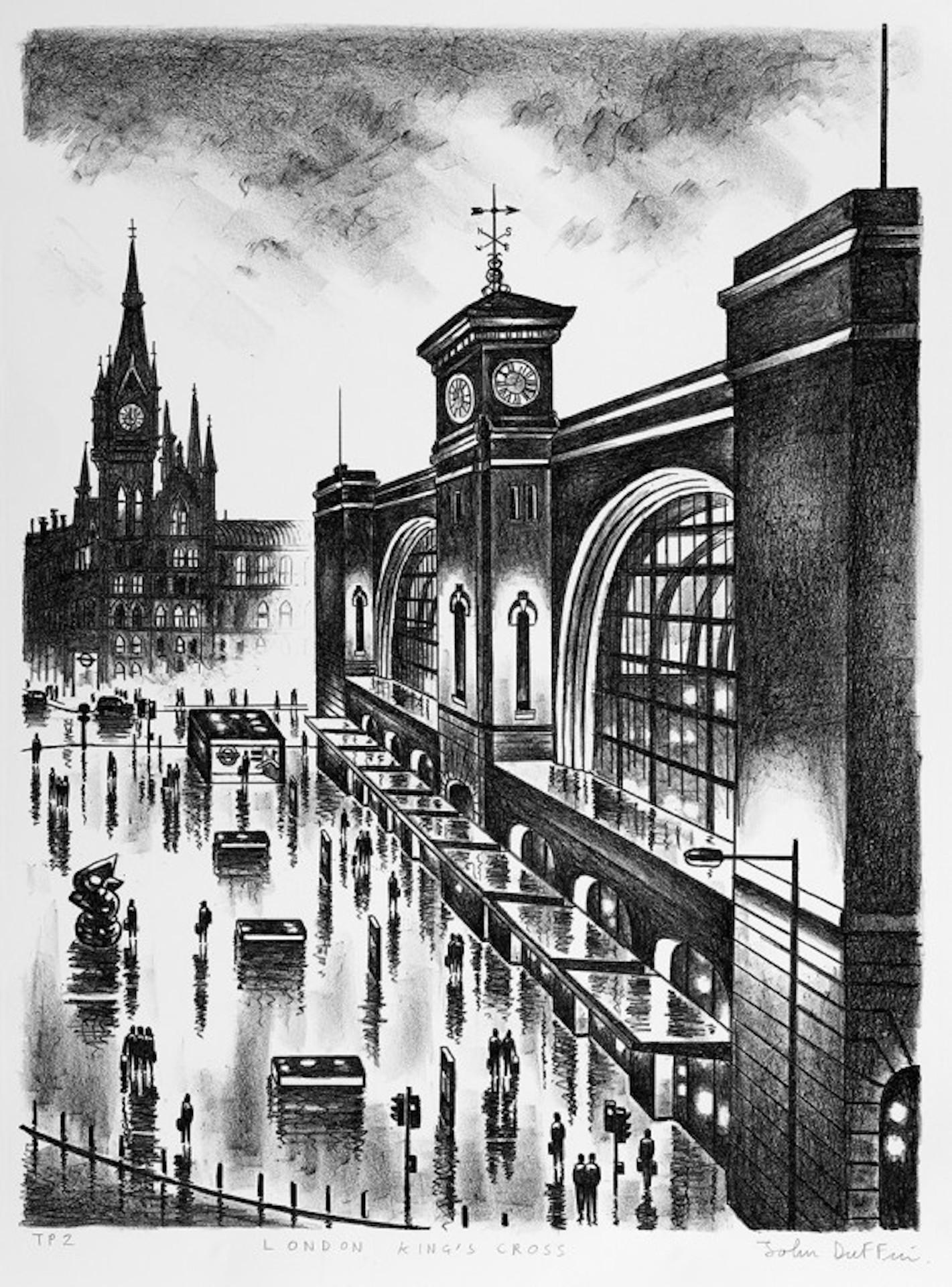 Londra King's Cross, Paesaggio urbano, Stampa di Londra in edizione limitata, Arte dei pendolari - Print Grigio di John Duffin