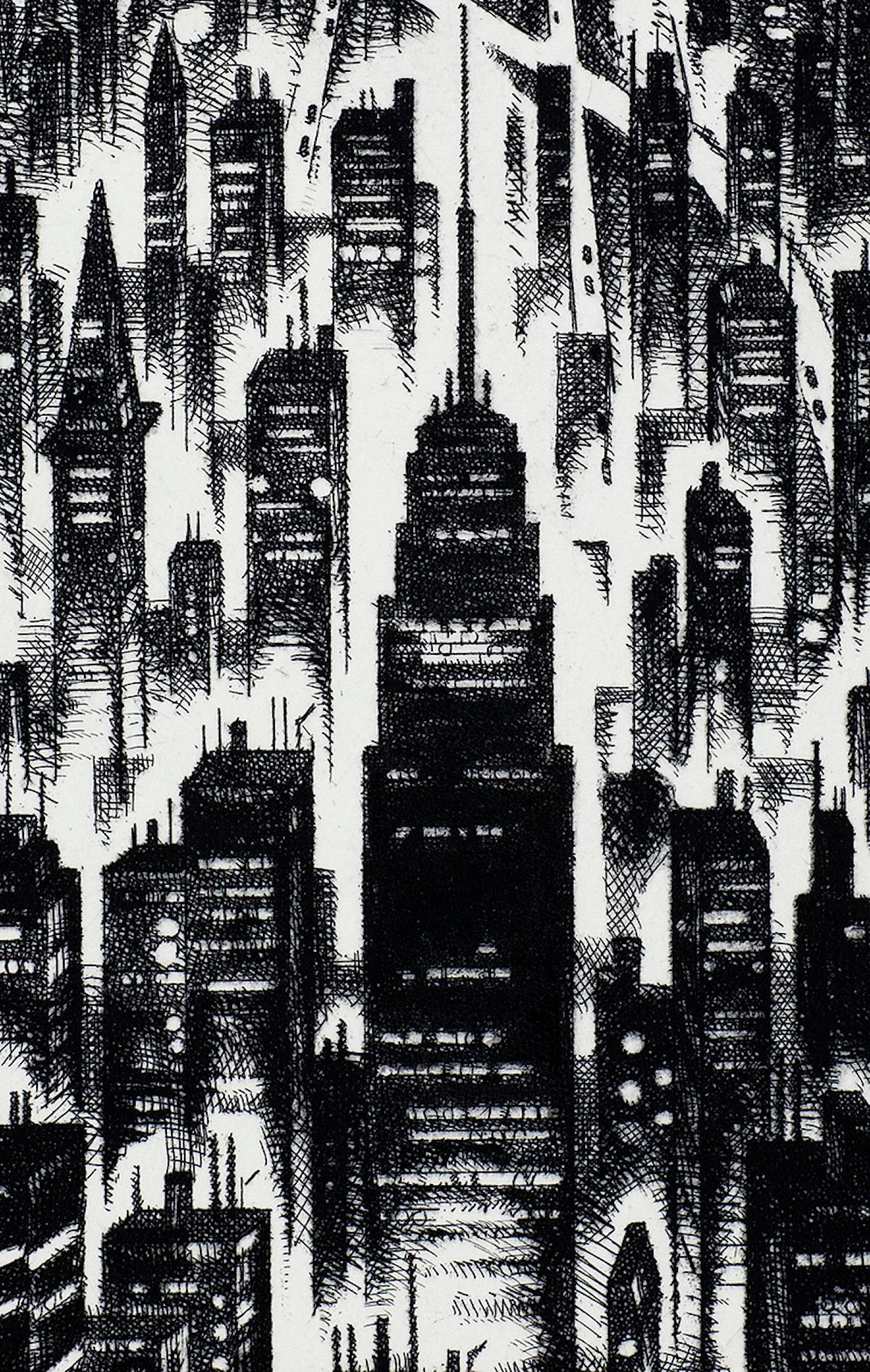 New York, Paesaggio urbano, Stampe di New York, Arte classica, Paesaggio urbano monocromatico - Still-Life Print Grigio di John Duffin