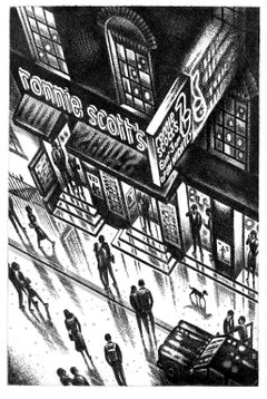 Ronnie Scott's - Soho Rain, stampa in edizione limitata, natura morta, paesaggio urbano, Londra