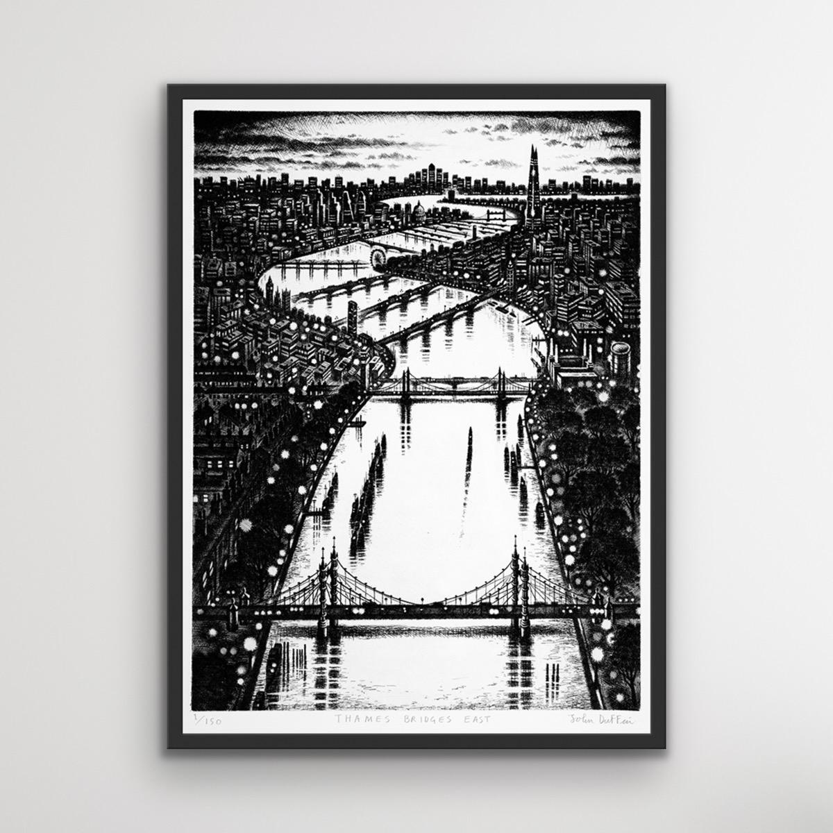 Thames Bridge East is a limited edition etching by John Duffin. The monochromatic palette of this work allows you to look at all of the detail that Duffin has added to the piece. There will always be more to see in this piece.

Discover original