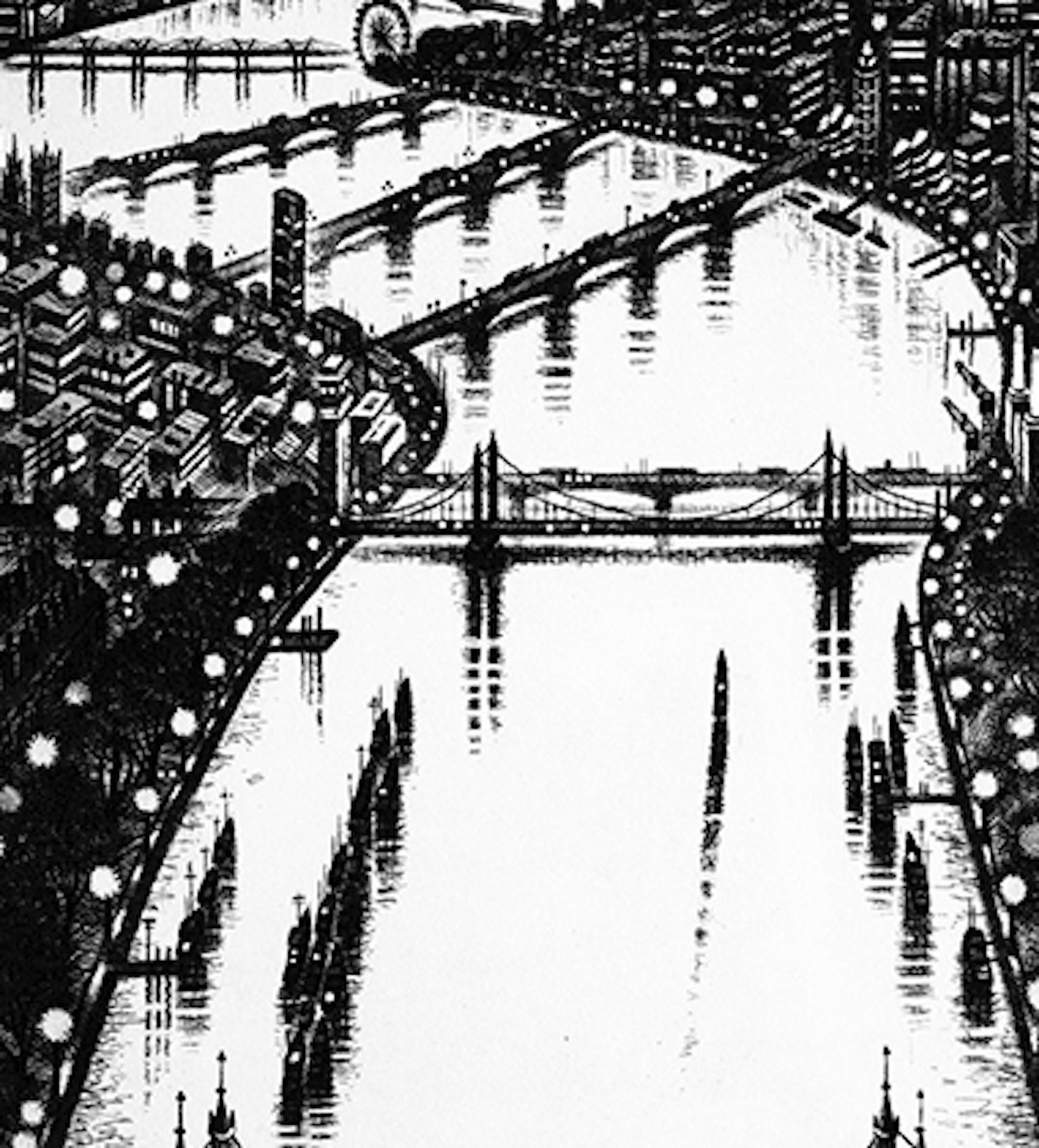 Thames Bridge East, London Cityscape Prints, Original Monochromatic Artwork For Sale 1