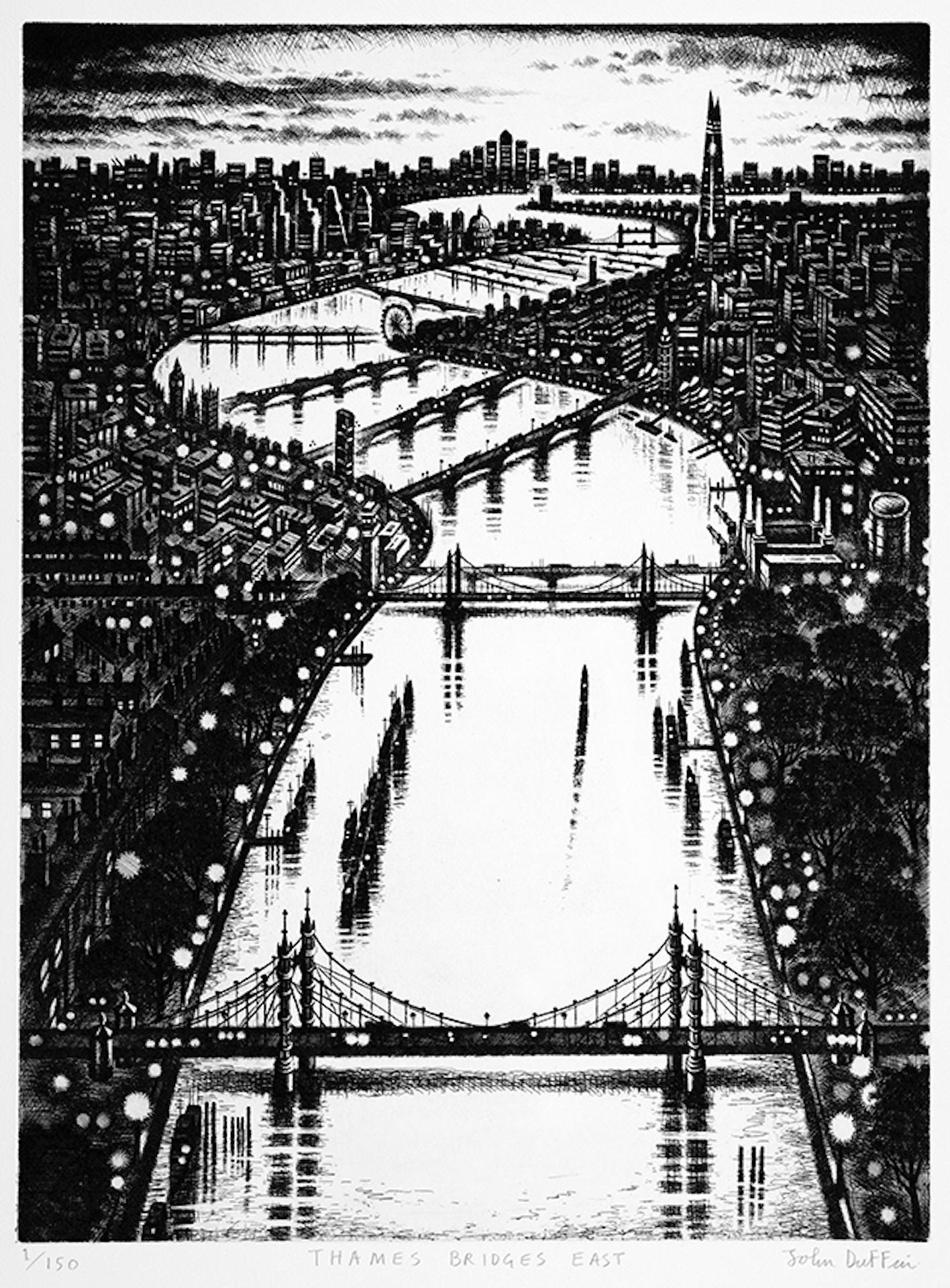 John Duffin Abstract Print - Thames Bridge East, London Cityscape Prints, Original Monochromatic Artwork