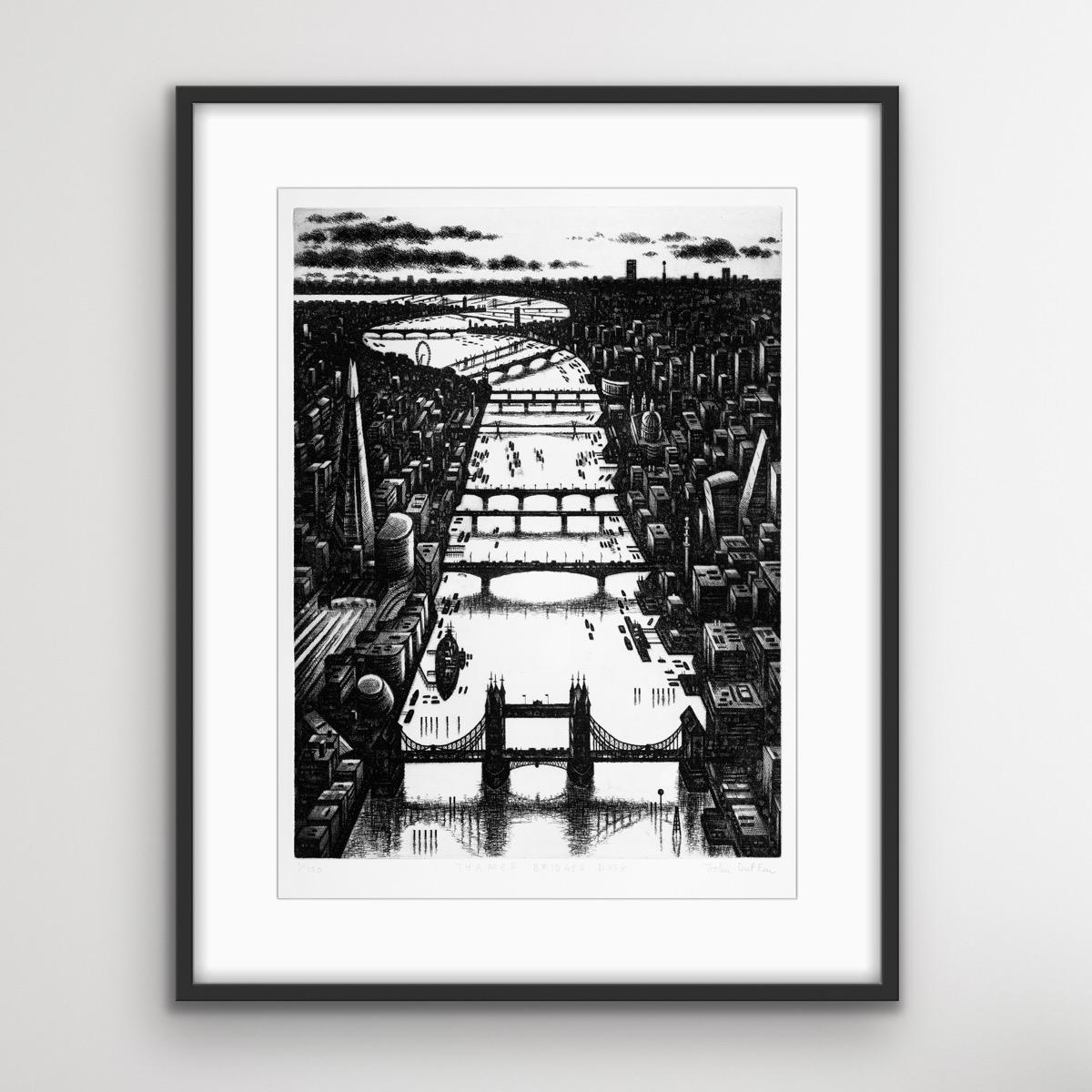 Thames Bridges Dusk is an limited edition cityscape print by John Duffin. The monochromatic colour scheme highlights Duffin’s highly detailed style.
John Duffin is a painter and printmaker whose work is based on the modern environments of cities and
