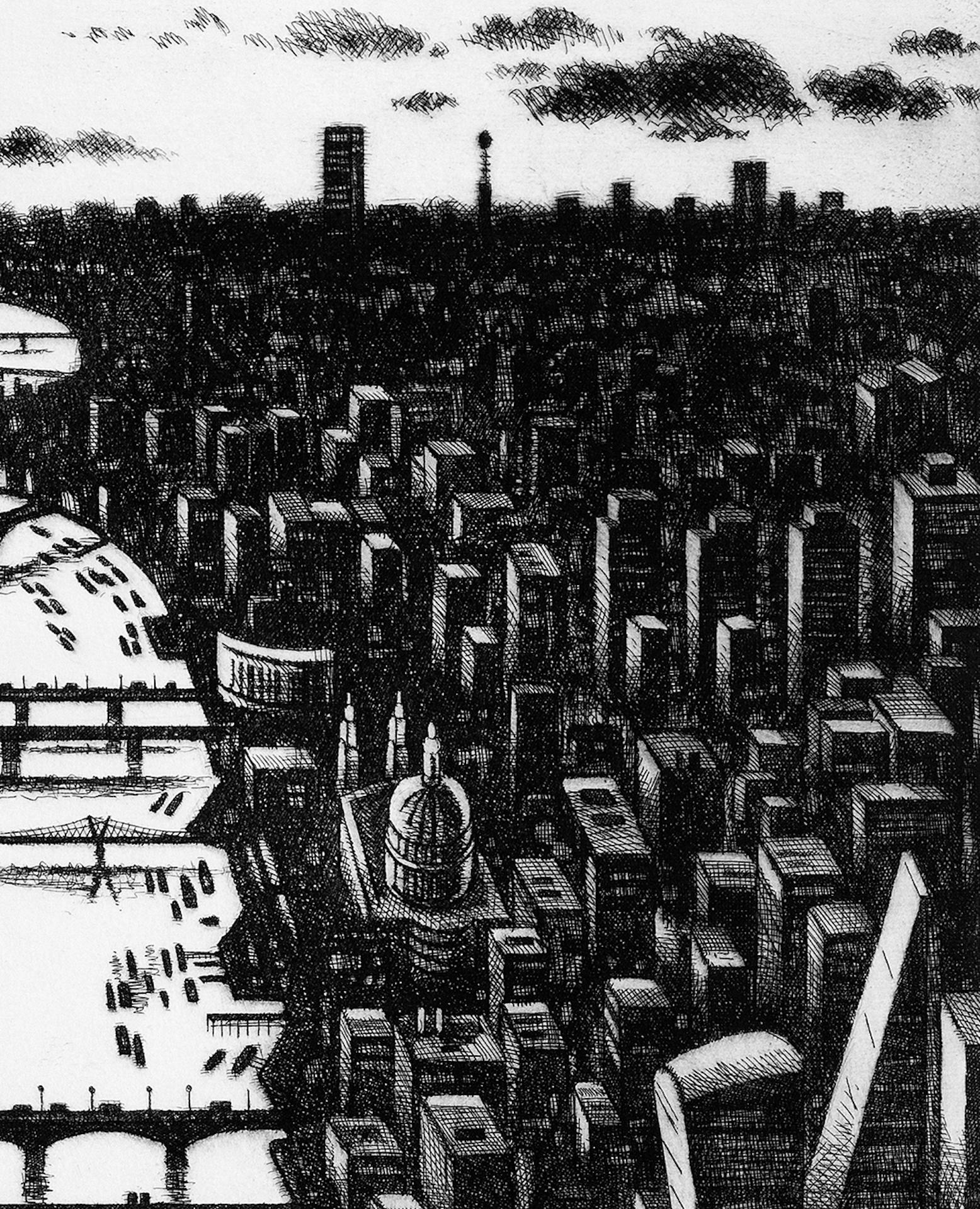 Atardecer en los Puentes del Támesis, Edición Limitada de Paisaje Urbano de Londres, Arte Monocromo en venta 1