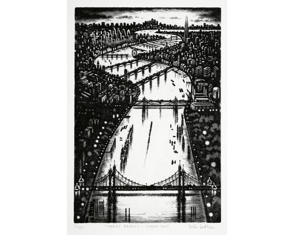 Thames Bridges – Looking East is a limited edition cityscape etching of London by John Duffin. The monochromatic colour scheme of the piece allows you to see every tiny detail.

Additional Information:
John Duffin
Thames Bridges – Looking