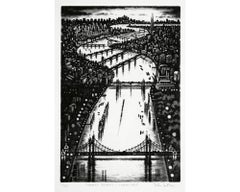 Thames Bridges mit Blick nach Osten und Radierungsdruck von John Duffin