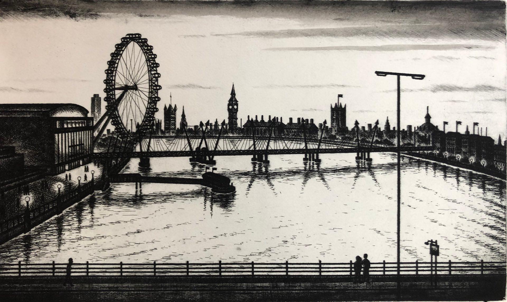 Atardecer en el puente de Waterloo POR JOHN DUFFIN, Arte londinense, Paisaje urbano monótono Aguafuerte - Print Contemporáneo de John Duffin