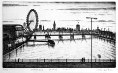 Waterloo Bridge Sonnenuntergang von JOHN DUFFIN, Londoner Kunst, Monotone-Stadtbild-Radierung