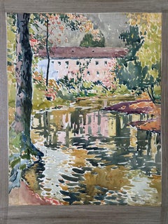 PA Impressionist Landscape painting Old Mill Darby Creek