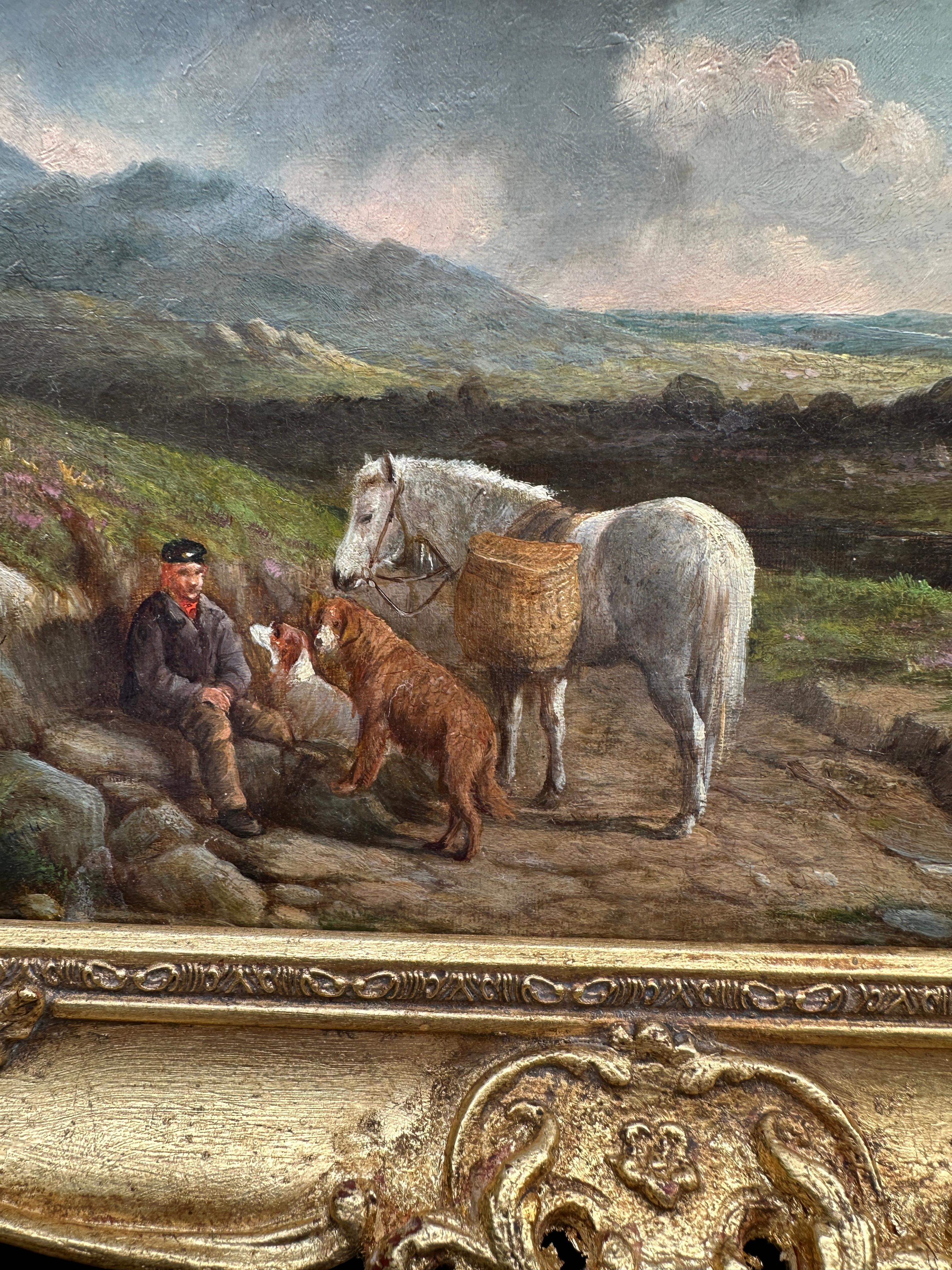 Paisaje victoriano de las Highlands del siglo XIX con poni y perros de caza con el gillie en venta 5