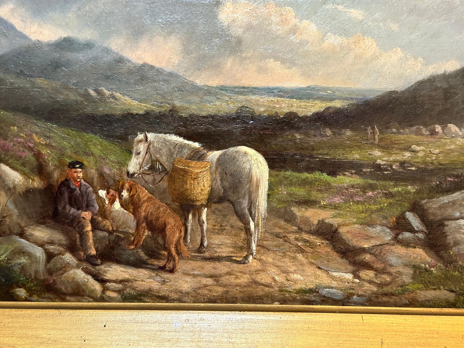 Victorian 19th century Highland landscape with pony and gun dogs with the gillie - Painting by John Duvall