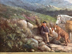 Paisaje victoriano de las Highlands del siglo XIX con poni y perros de caza con el gillie