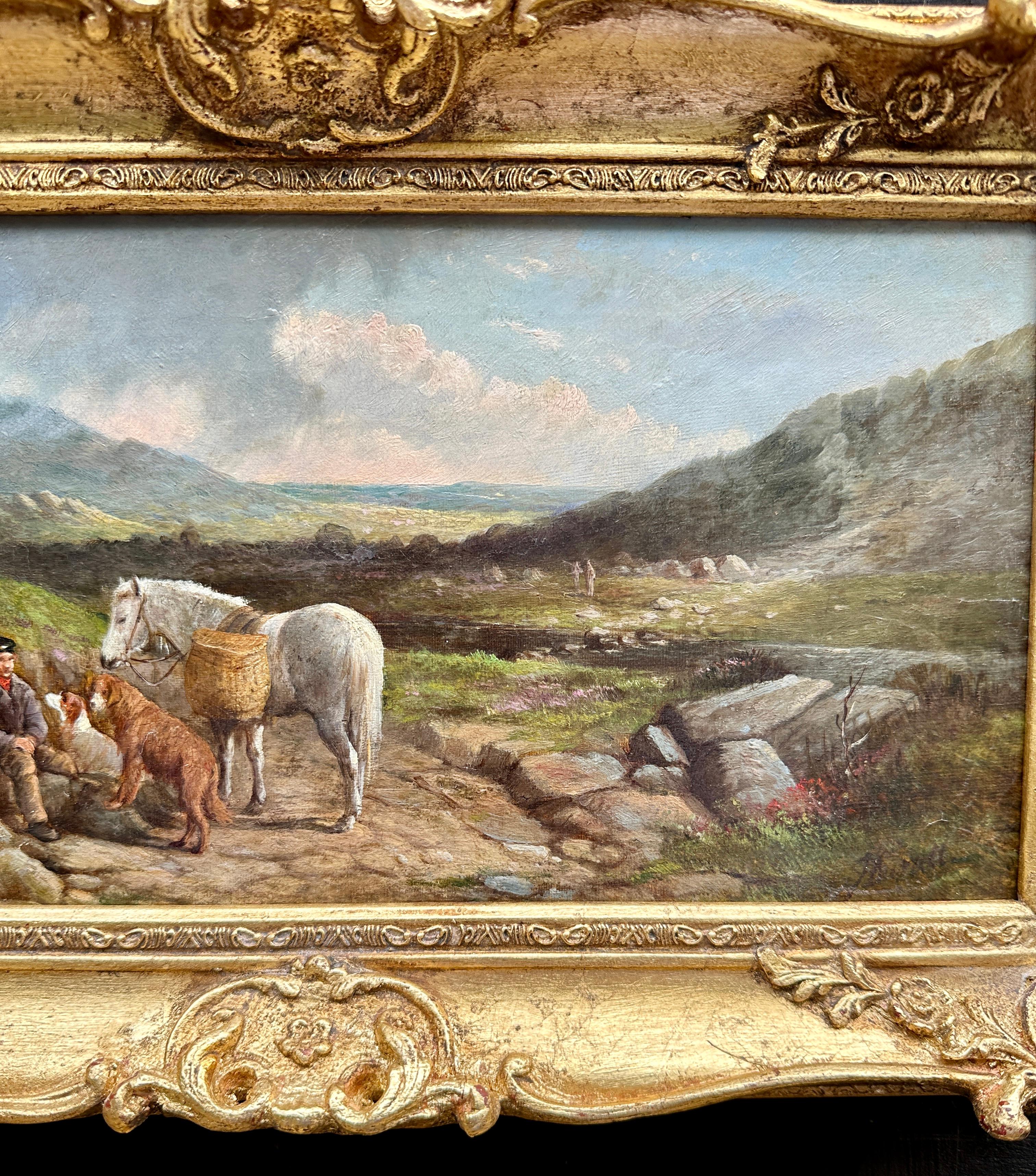 Paisaje victoriano de las Highlands del siglo XIX con poni y perros de caza con el gillie en venta 2