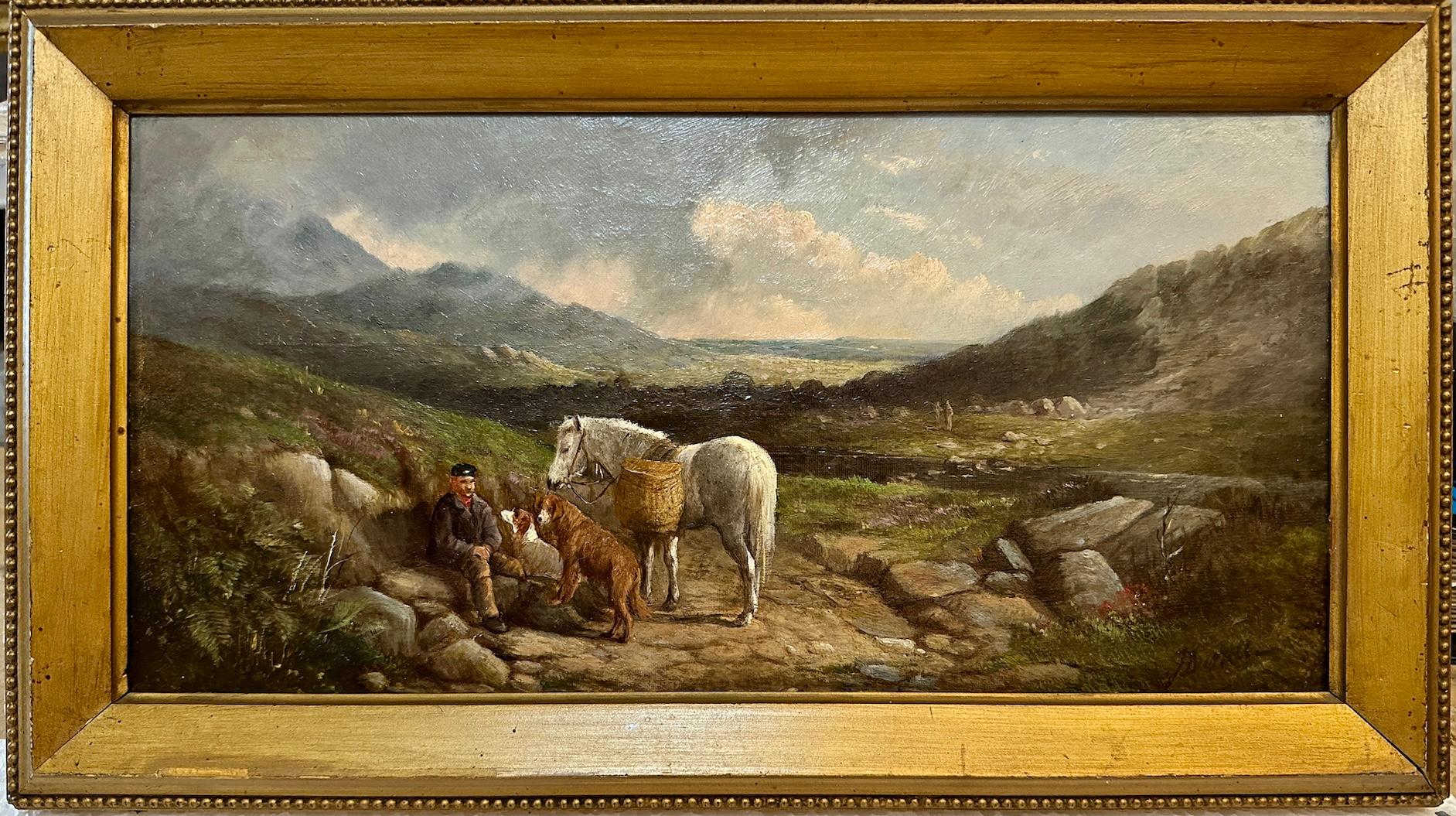 Victorian 19th century Highland landscape with pony and gun dogs with the gillie