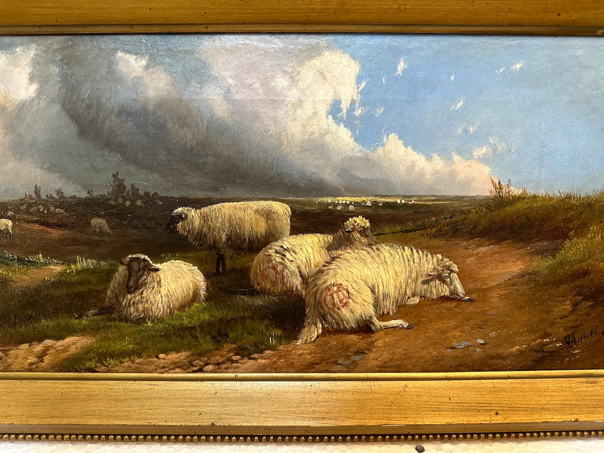 Victorian 19th century Moorland landscape with Sheep grazing and resting - Painting by John Duvall